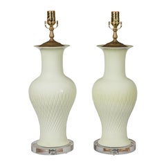 Pair of Porcelain 1980s White Lamps with Crosshatch Motifs and Lucite Bases