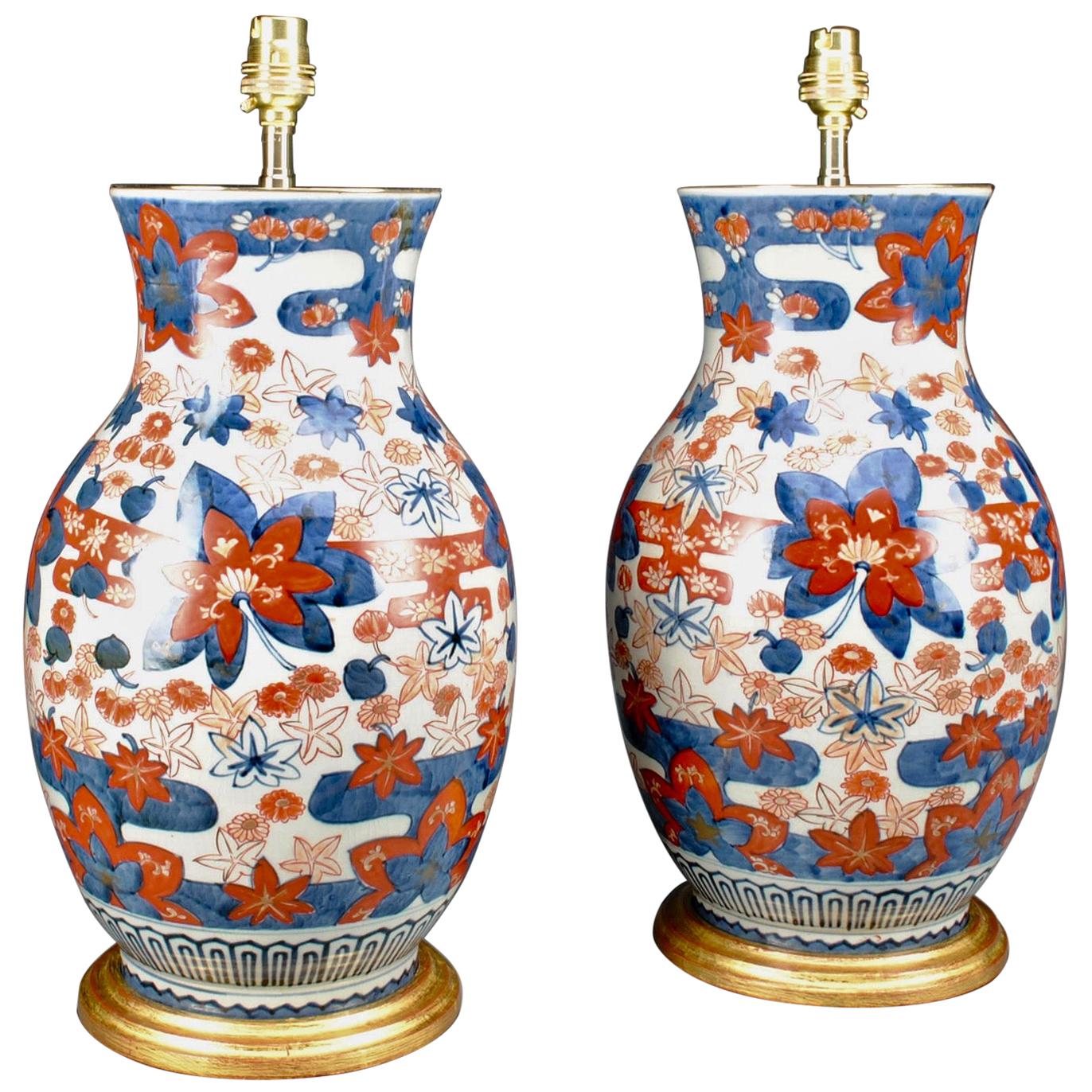 Pair of Porcelain 19th Century Japanese Imari Baluster Antique Table Lamps