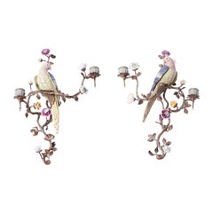 Pair of Porcelain and Brass Bird Wall Sconces