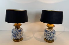 Pair of Porcelain and Brass Table Lamps with Chinese Decoration