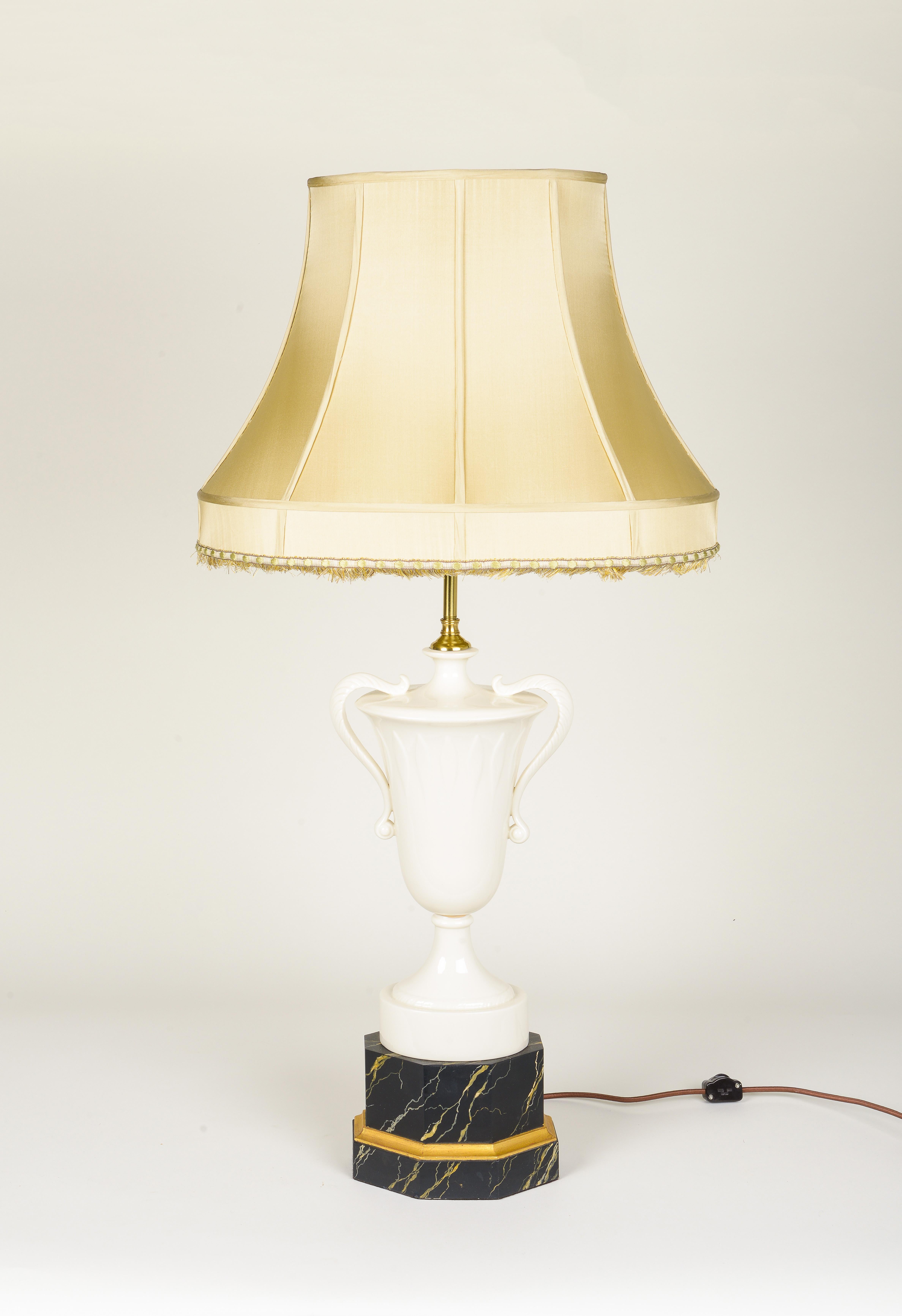 Gilt Pair of Porcelain and Faux Marble Urn-Form Table Lamps For Sale