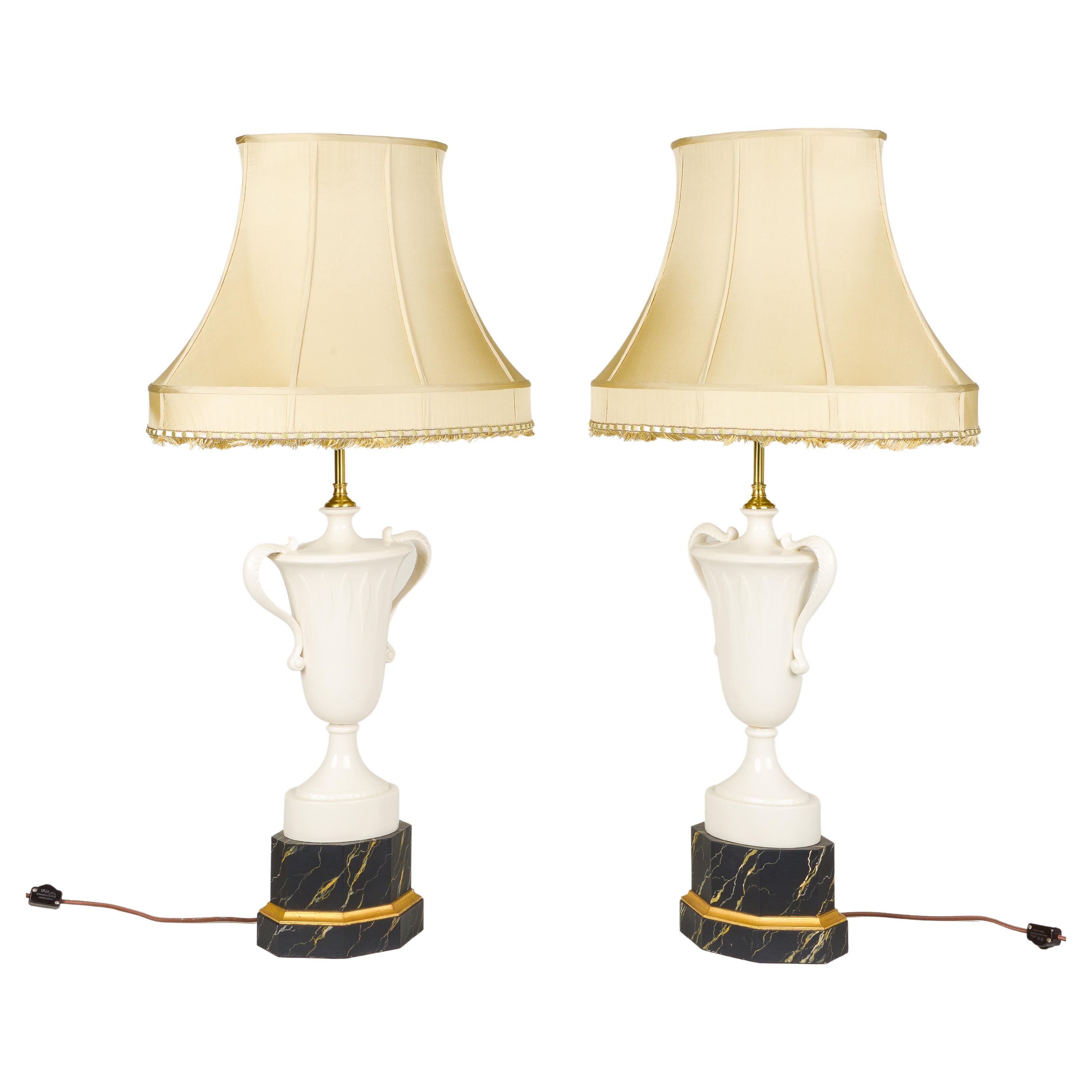 Pair of Porcelain and Faux Marble Urn-Form Table Lamps For Sale