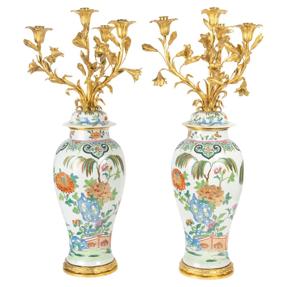 Pair of Porcelain and Gilt Bronze Candelabras in the Chinese Style, 19th Century