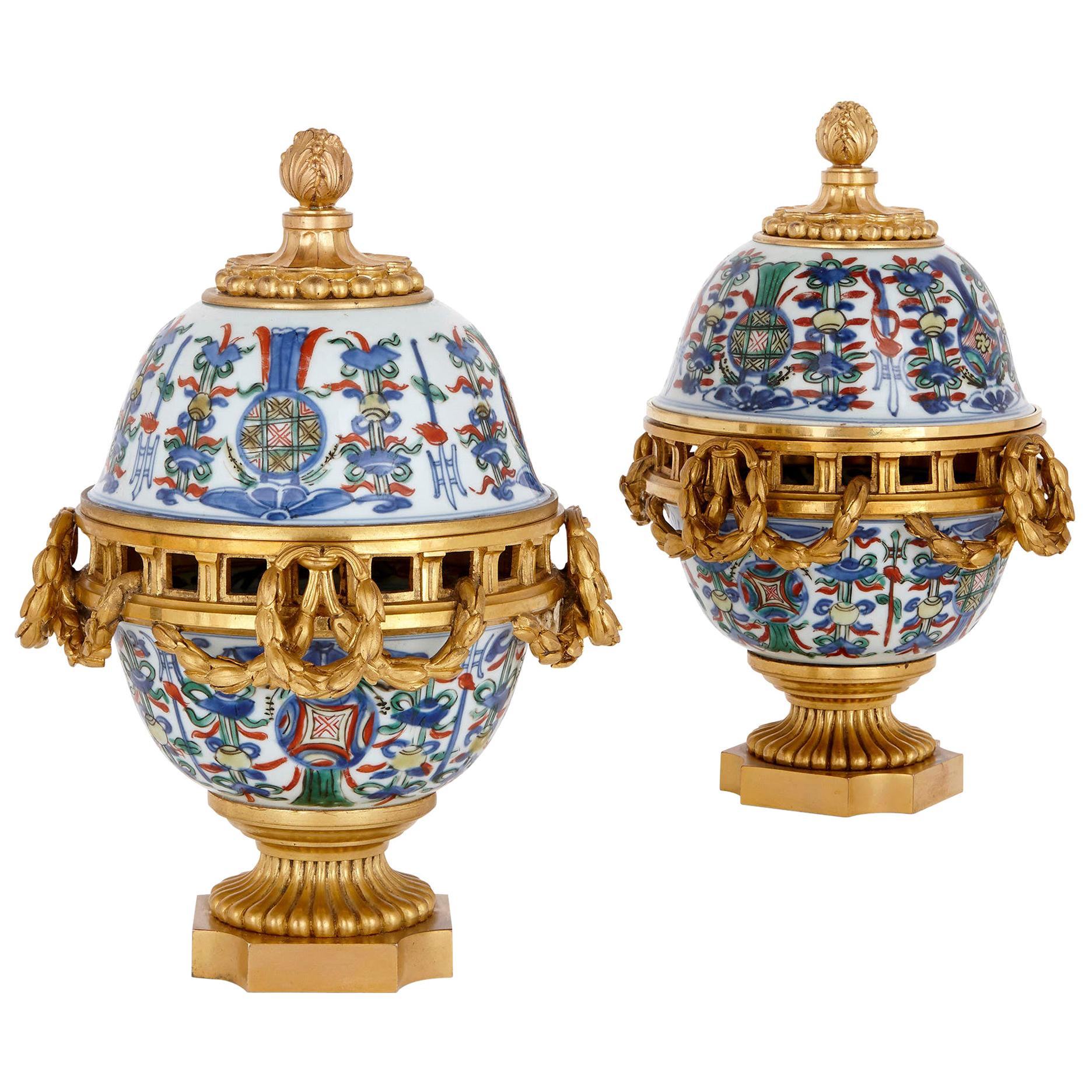 Pair of Porcelain and Gilt Bronze PotPourri Vases, Retailed by Boin