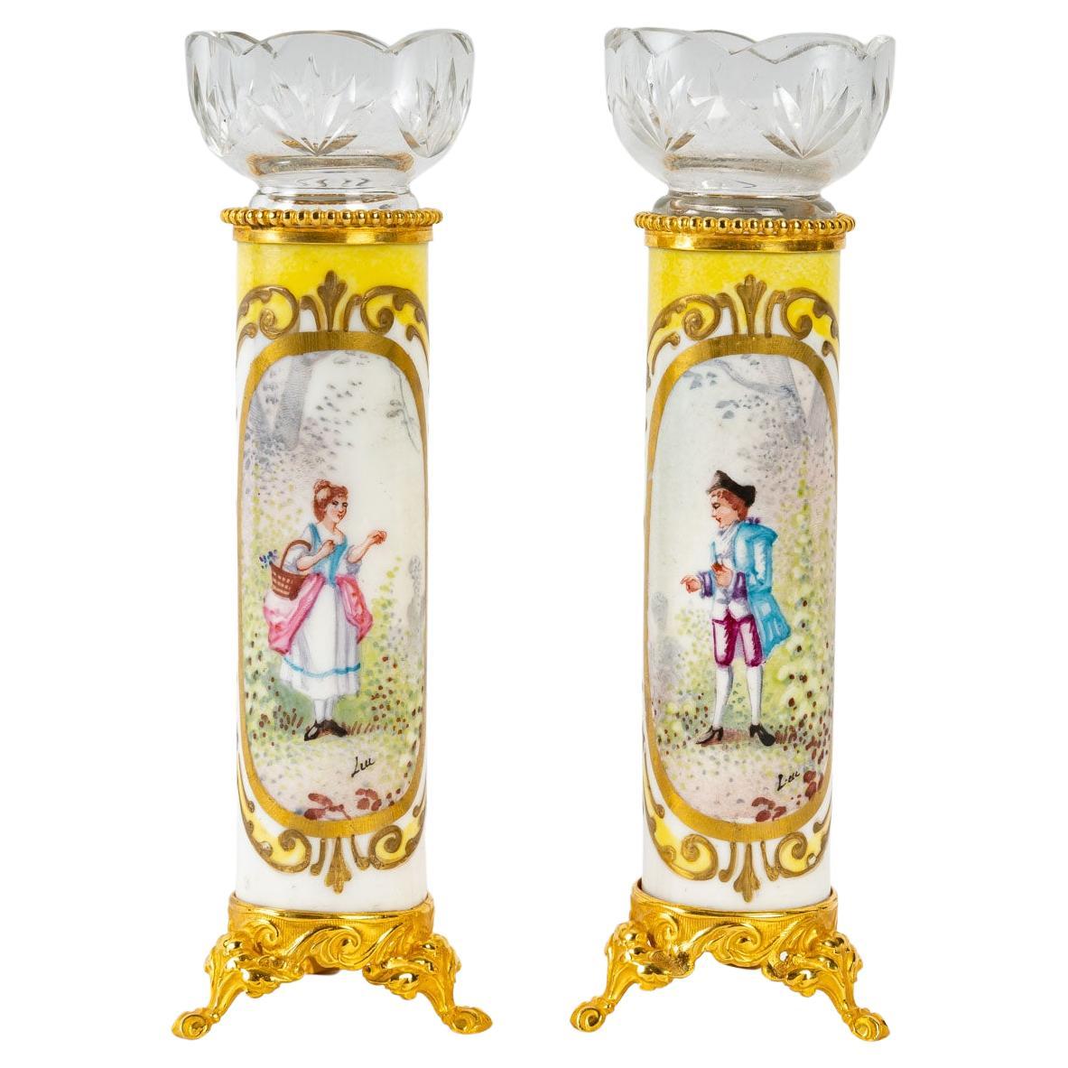 Pair of Porcelain and Gilt Bronze Soliflores, 19th Century