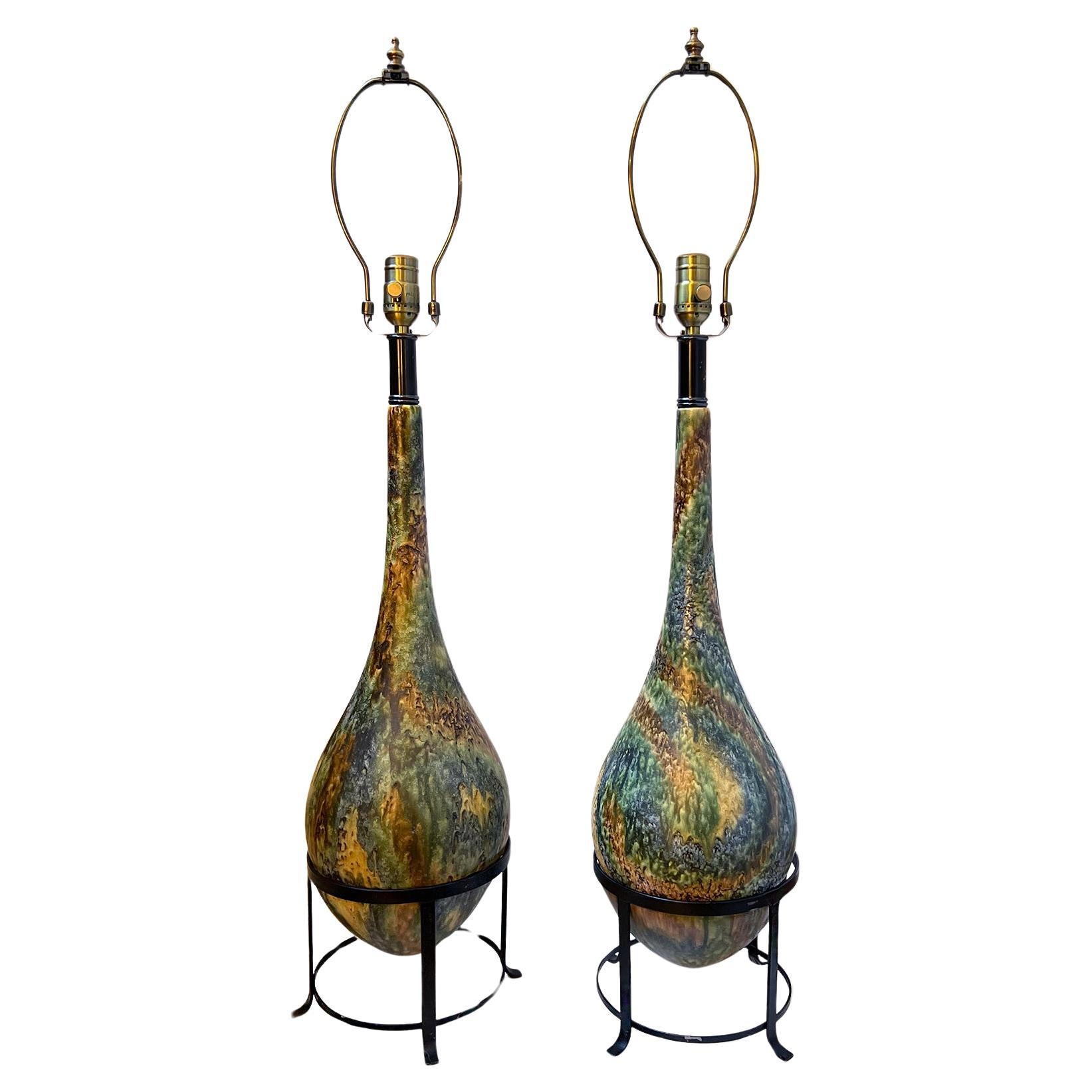 Pair of Porcelain and Iron Lamps For Sale