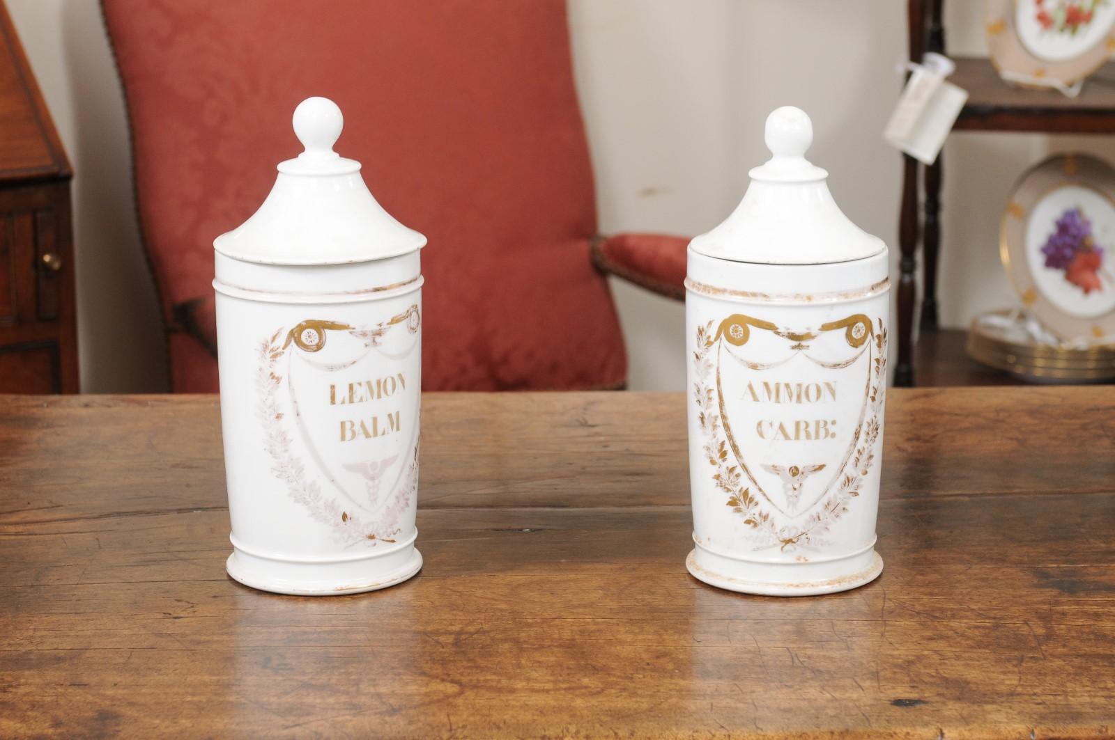 20th Century Pair of Porcelain Apothecary Jars with Lids and Gilt Detail, English ca. 1900 For Sale