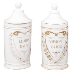 Coppia di vasi da farmacia in porcellana con coperchi e dettagli dorati, inglese, 1900 ca.