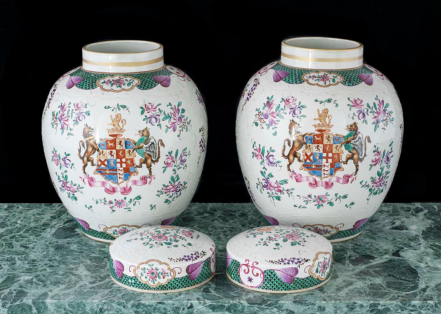 French Pair of Porcelain Armorial Lidded Vases by Edmé Samson