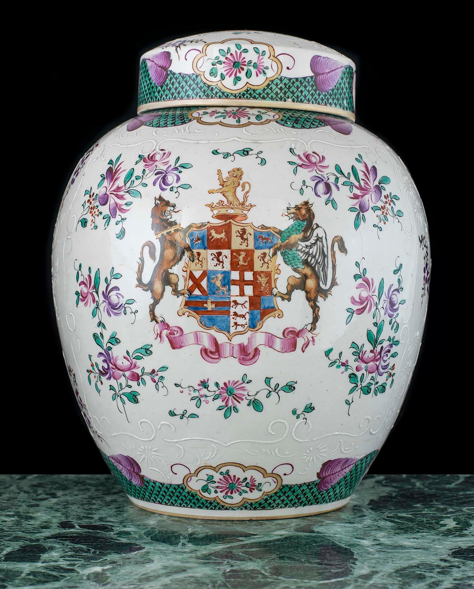 Hand-Painted Pair of Porcelain Armorial Lidded Vases by Edmé Samson