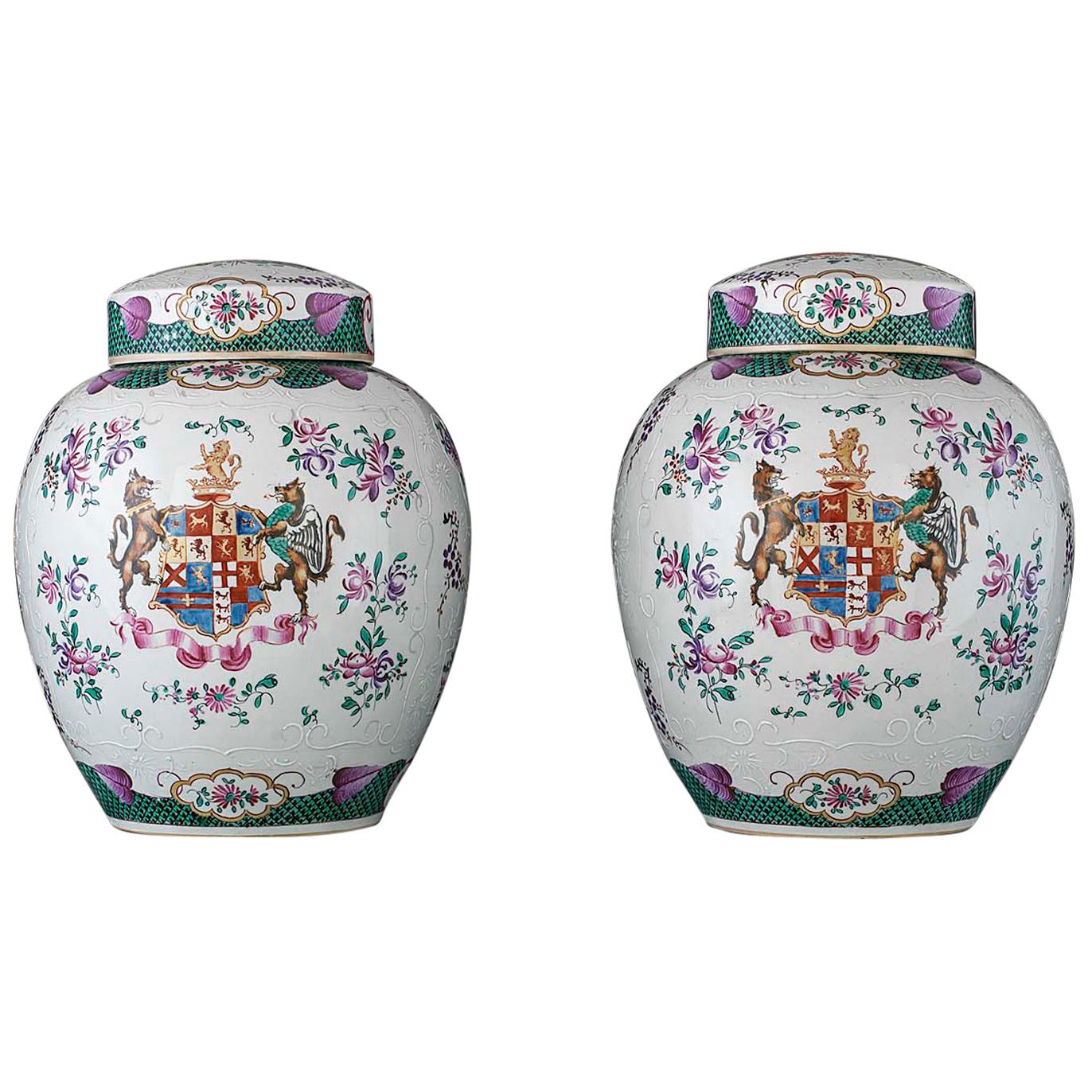 Pair of Porcelain Armorial Lidded Vases by Edmé Samson
