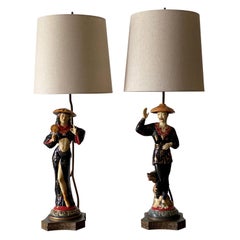Vintage Pair of Porcelain Asian Inspired Man and Woman Figure Lamps