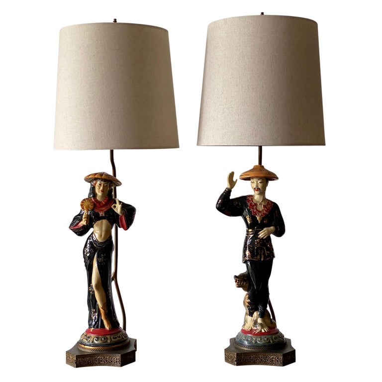 Pair of Porcelain Asian Inspired Man and Woman Figure Lamps at 1stDibs