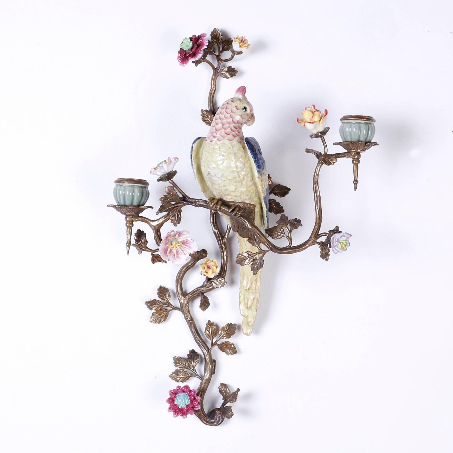 Louis XV Pair of Porcelain Bird Sconces in Brass with Porcelain Flowers