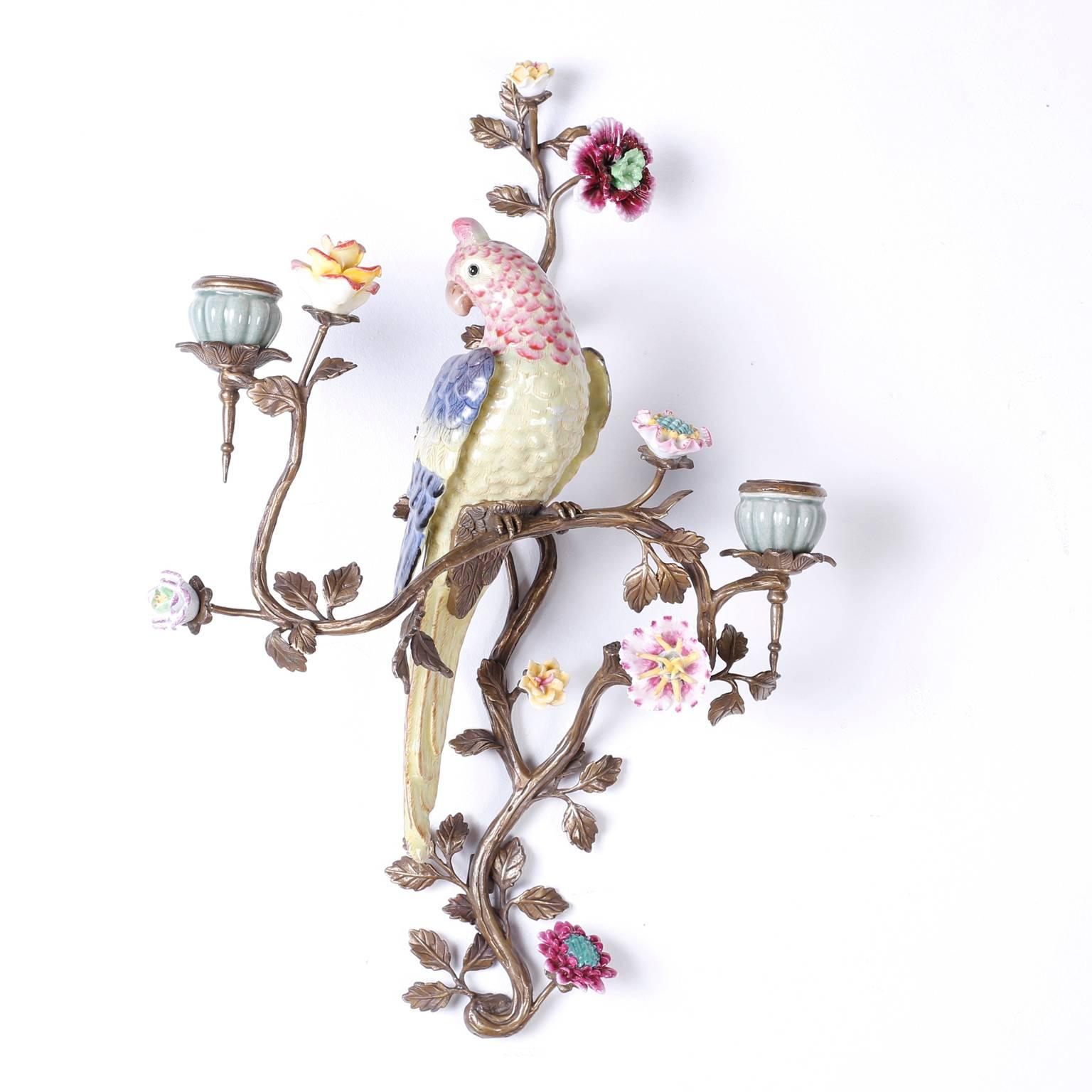 20th Century Pair of Porcelain Bird Sconces in Brass with Porcelain Flowers