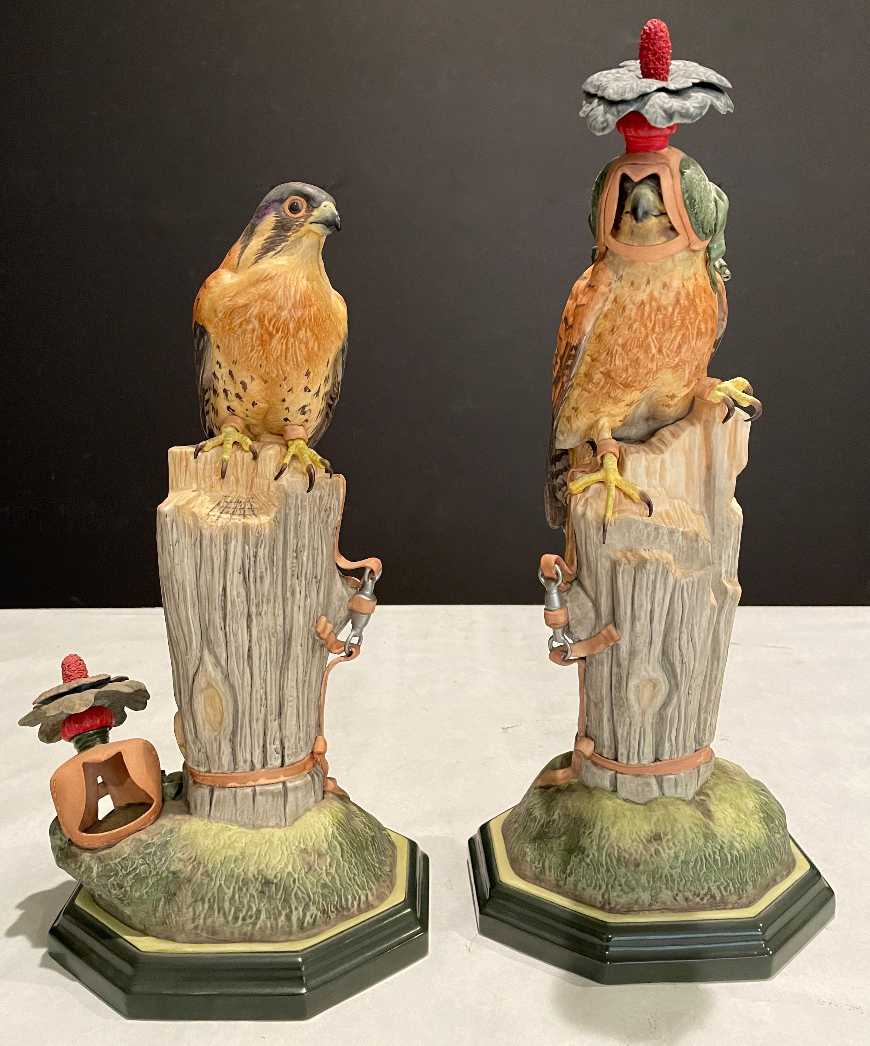 Pair of colorful and beautifully modeled American Kestrels,( Falco Sperverius) also known as a Sparrow Hawk. Limited edition by Boehm porcelain stamped, signed and letter numbered.
H. 16.5
H. 14.5