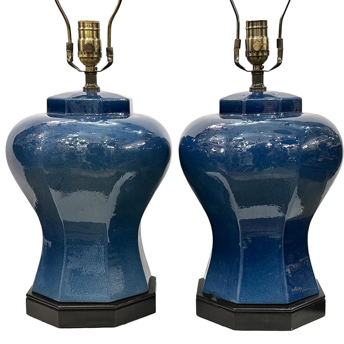 Mid-20th Century Pair of Porcelain Blue Lamps For Sale