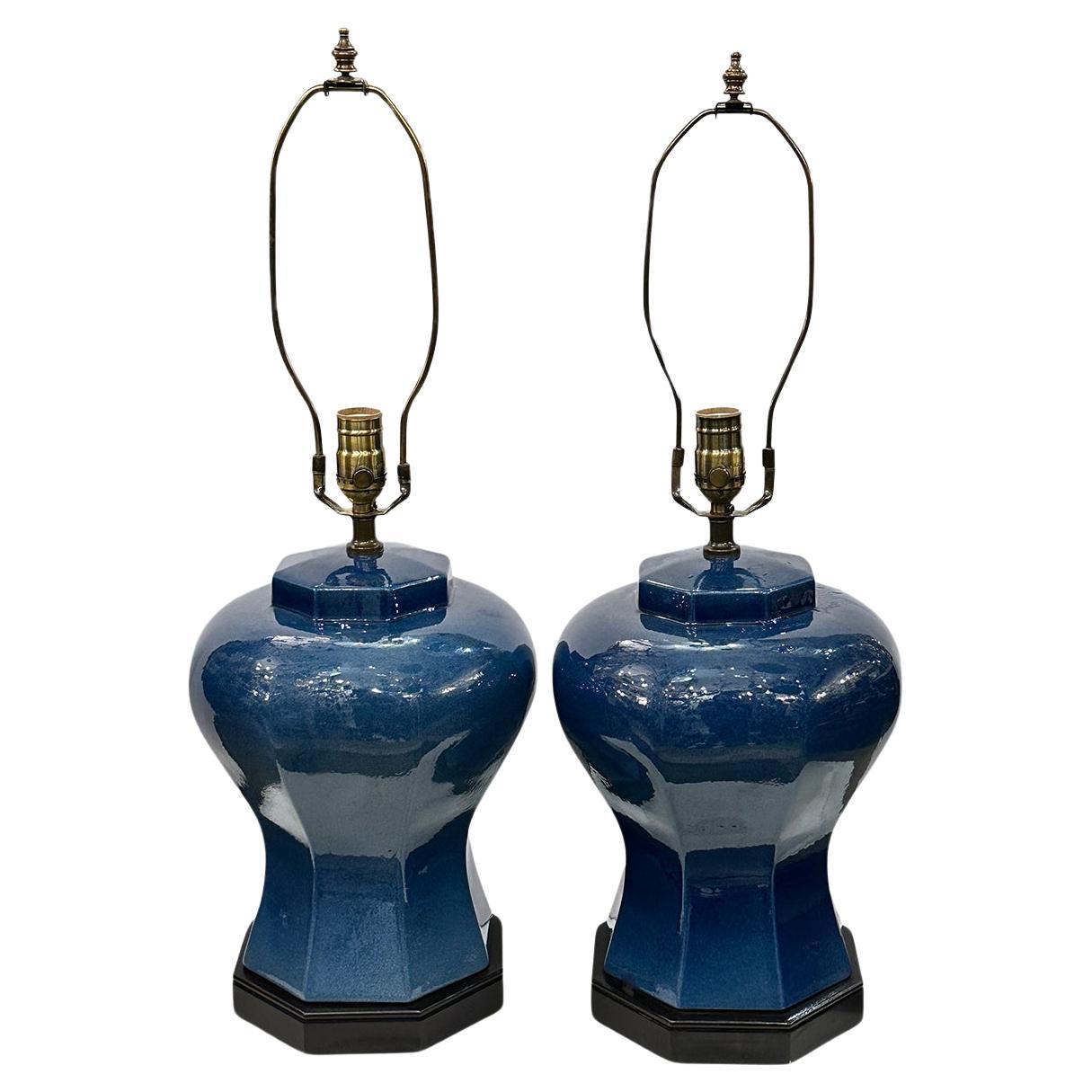 Pair of Porcelain Blue Lamps For Sale