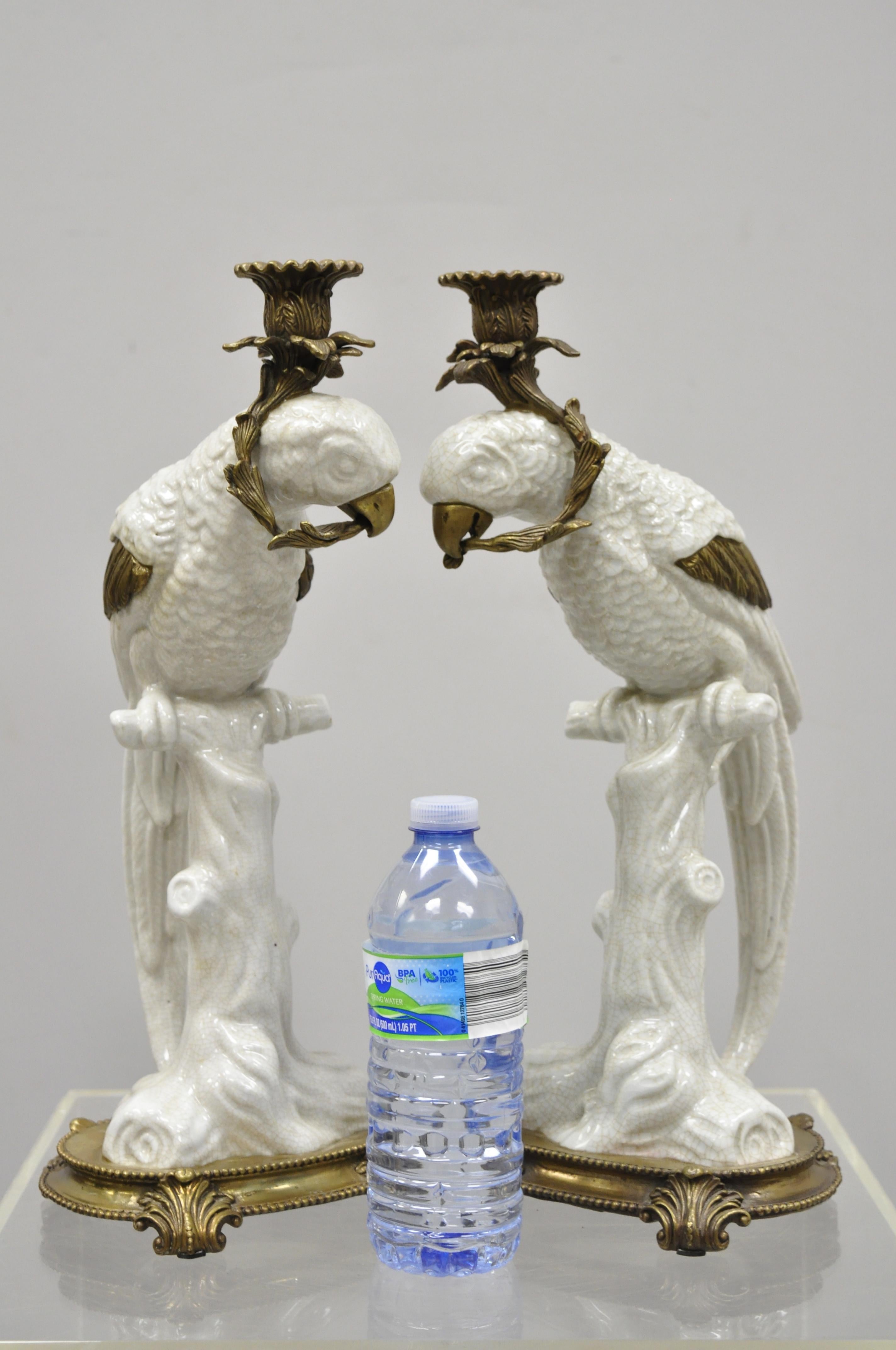 Pair of Porcelain & Bronze French Style White Parrot Candlestick Candle Holders 4