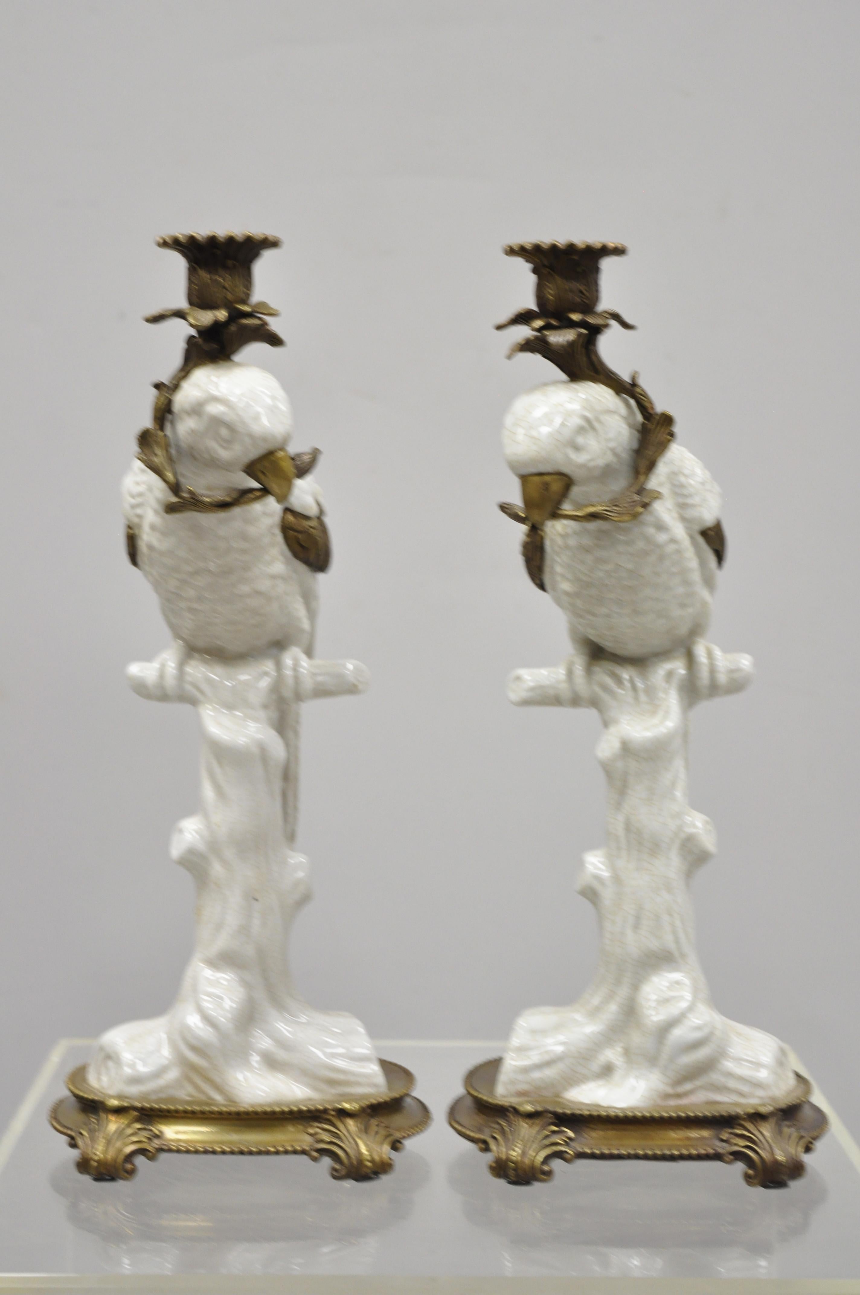 Pair of Porcelain & Bronze French Style White Parrot Candlestick Candle Holders 6