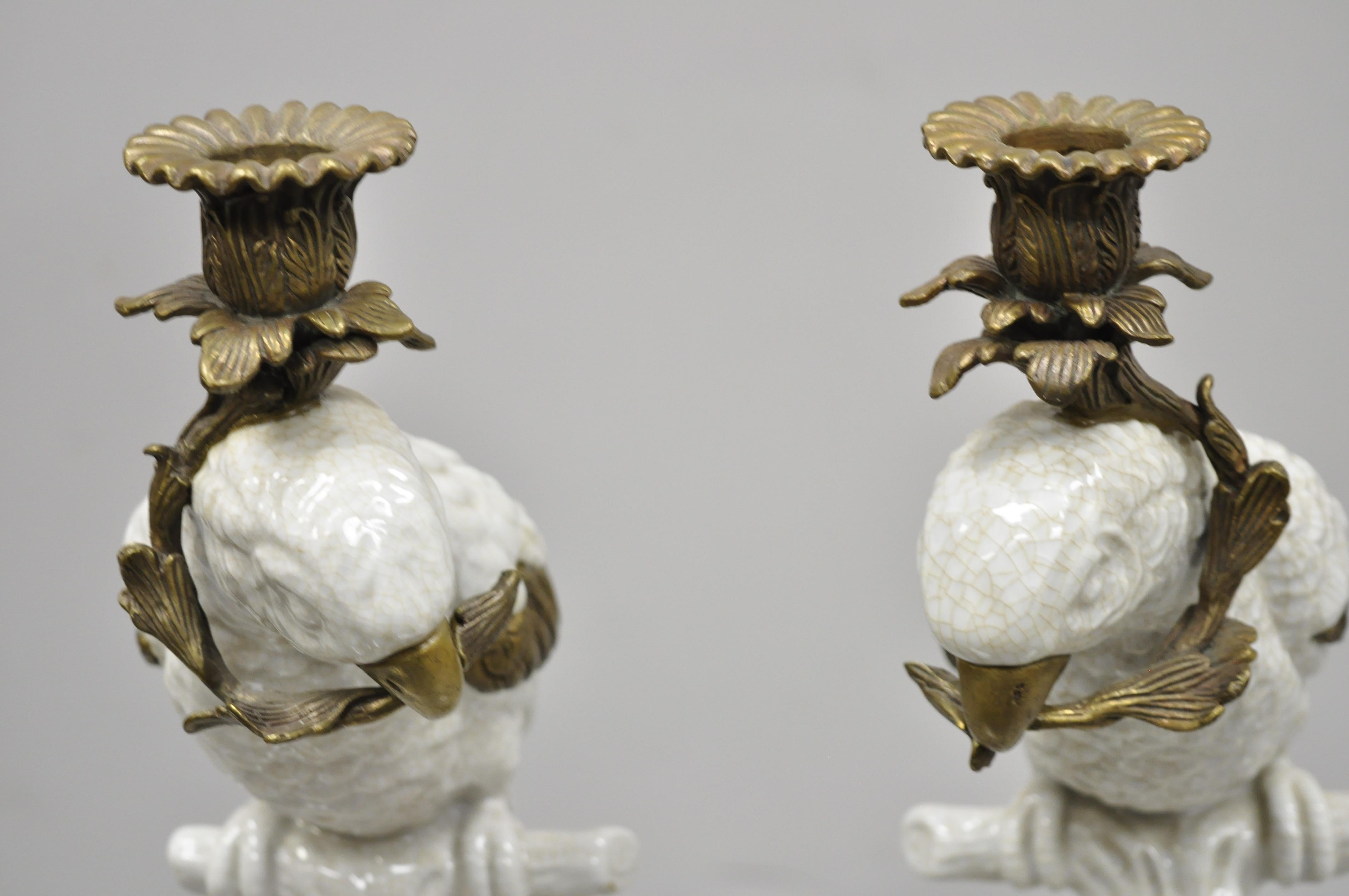 Pair of Porcelain & Bronze French Style White Parrot Candlestick Candle Holders In Good Condition In Philadelphia, PA