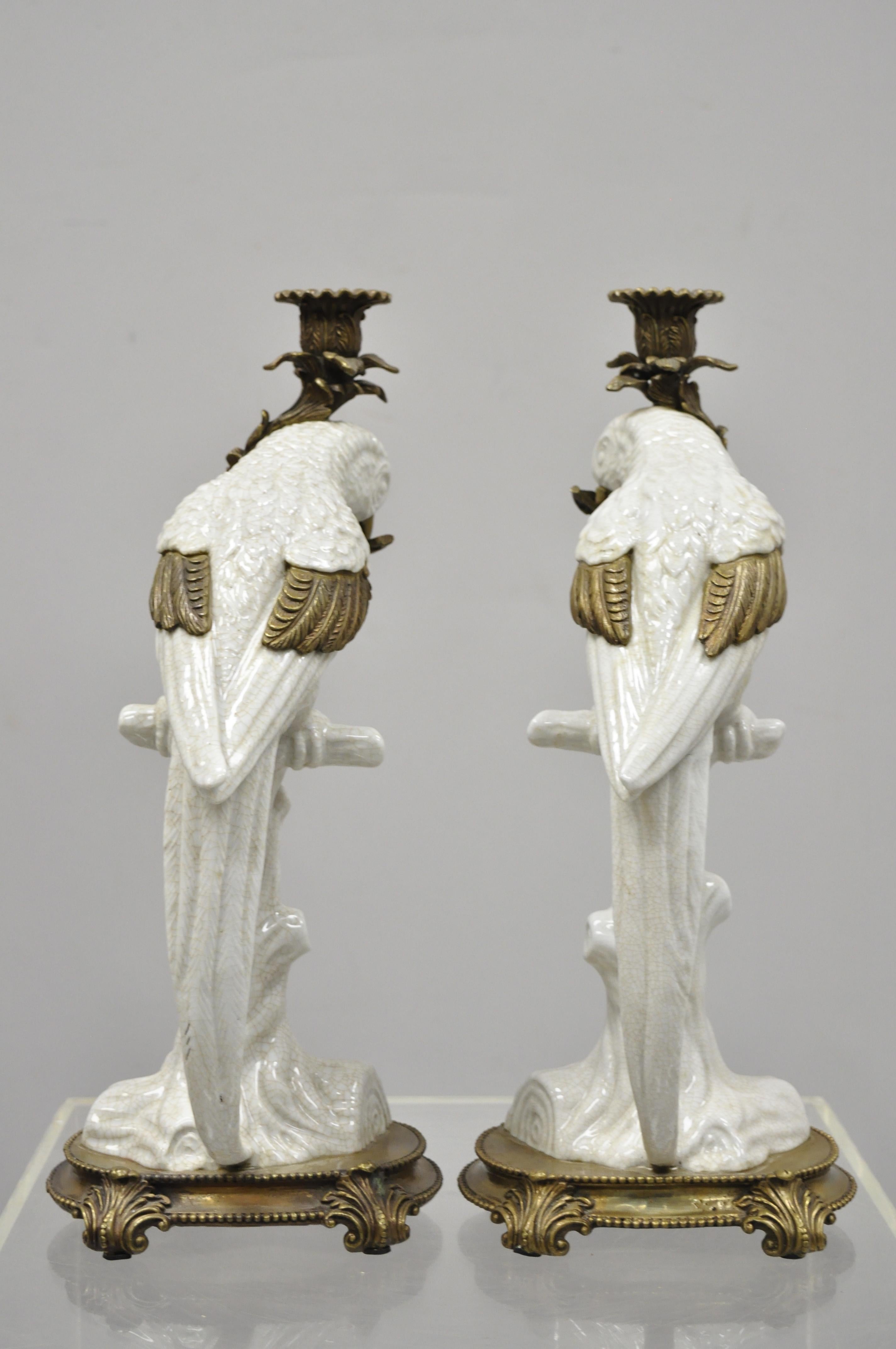 20th Century Pair of Porcelain & Bronze French Style White Parrot Candlestick Candle Holders
