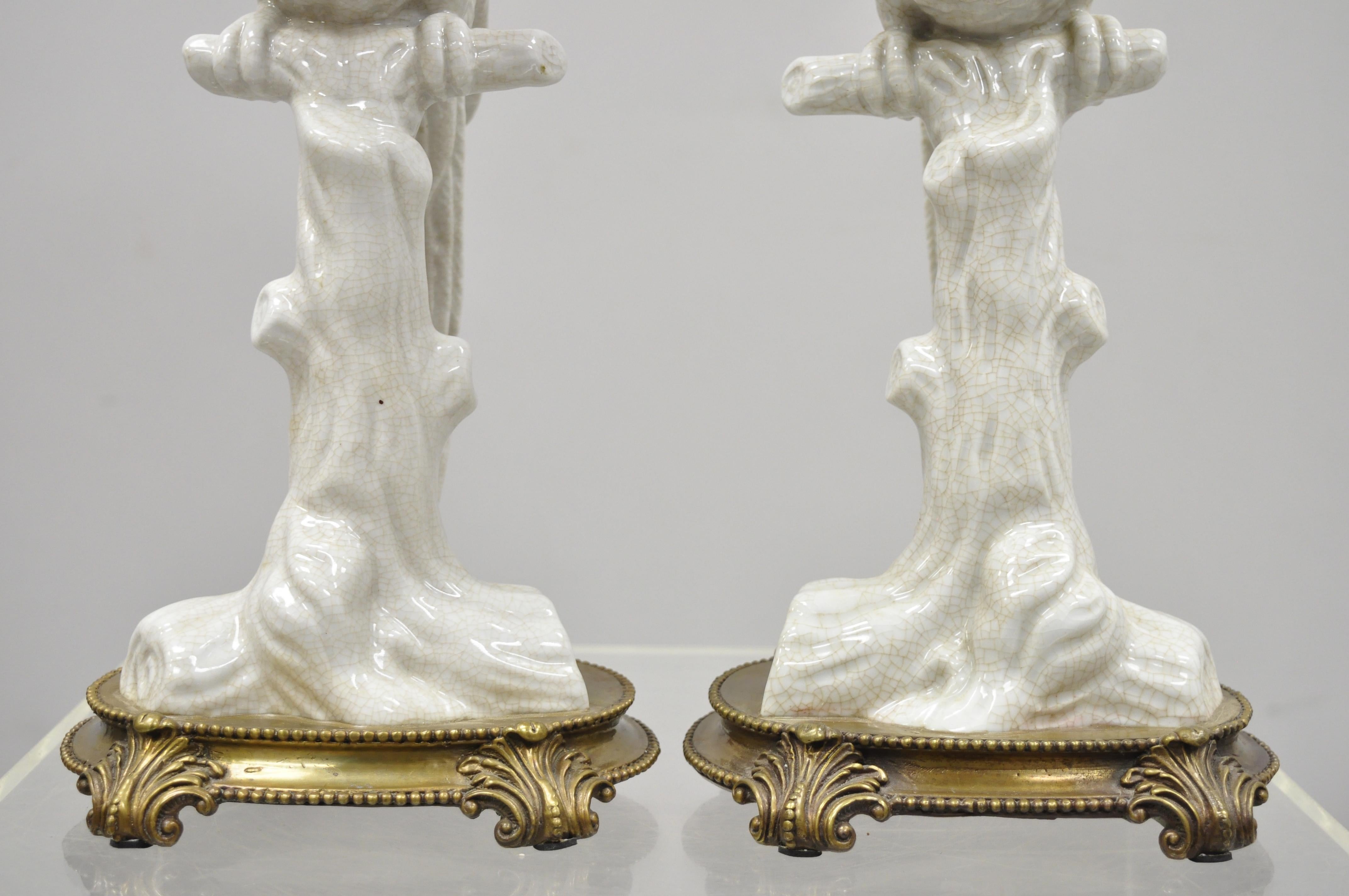 Pair of Porcelain & Bronze French Style White Parrot Candlestick Candle Holders 1