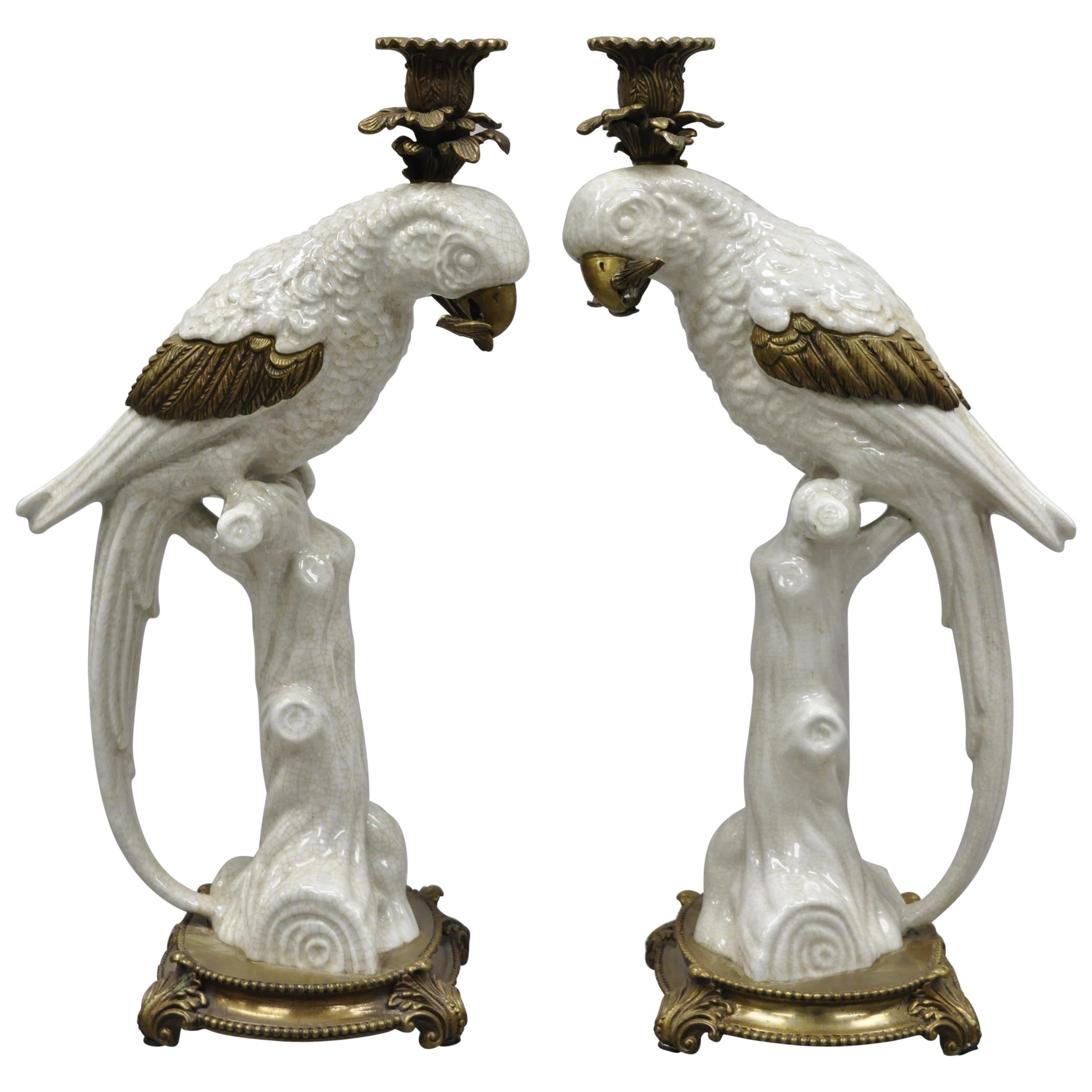 Pair of Porcelain & Bronze French Style White Parrot Candlestick Candle Holders