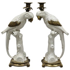 Pair of Porcelain & Bronze French Style White Parrot Candlestick Candle Holders