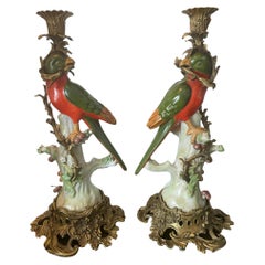 Pair of Porcelain & Bronze Ormolu Parrot Candle Holders