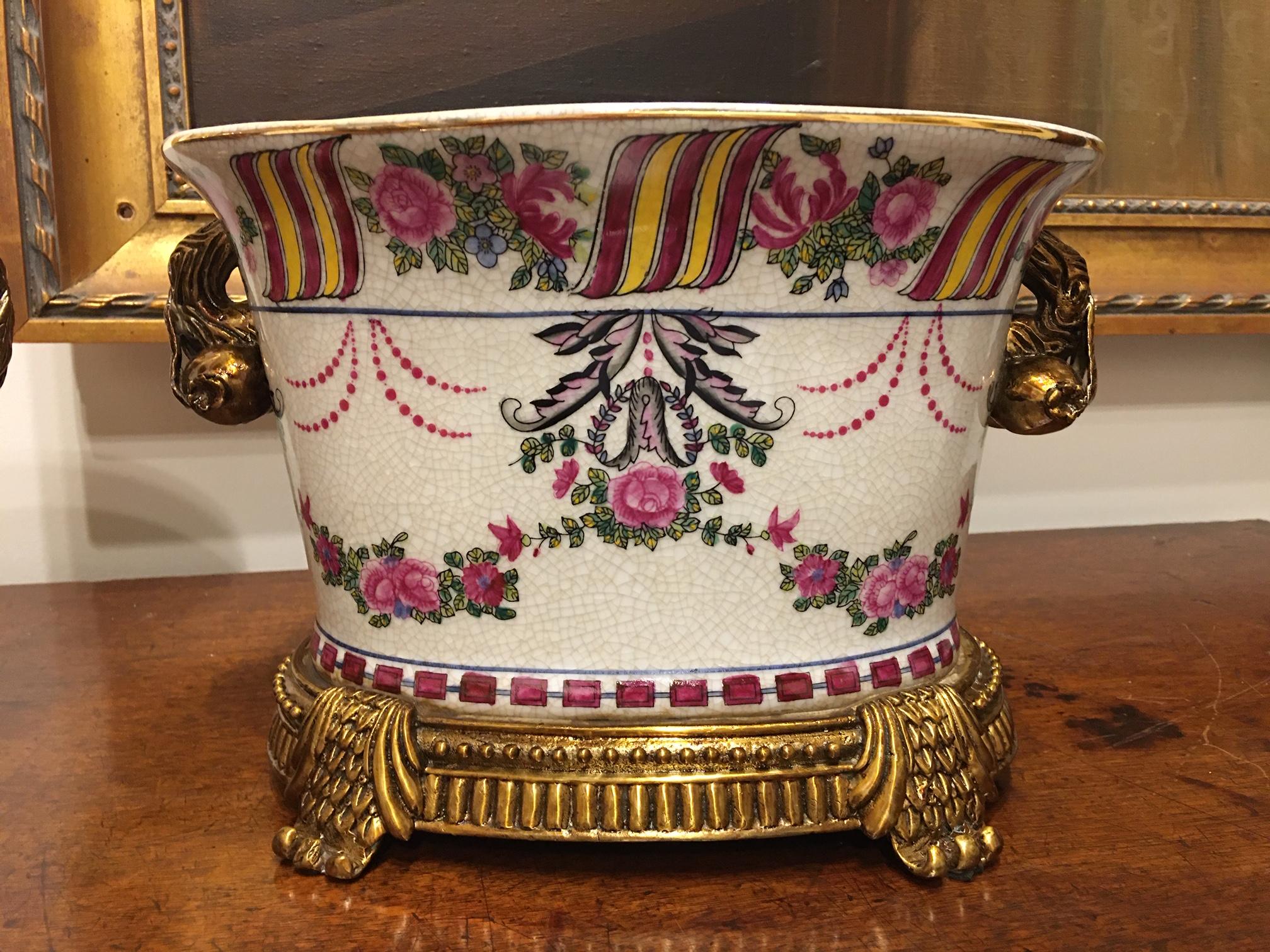 Pair of Porcelain Cache Pots or Jardinières with a Floral Motif, 20th Century In Good Condition In Savannah, GA