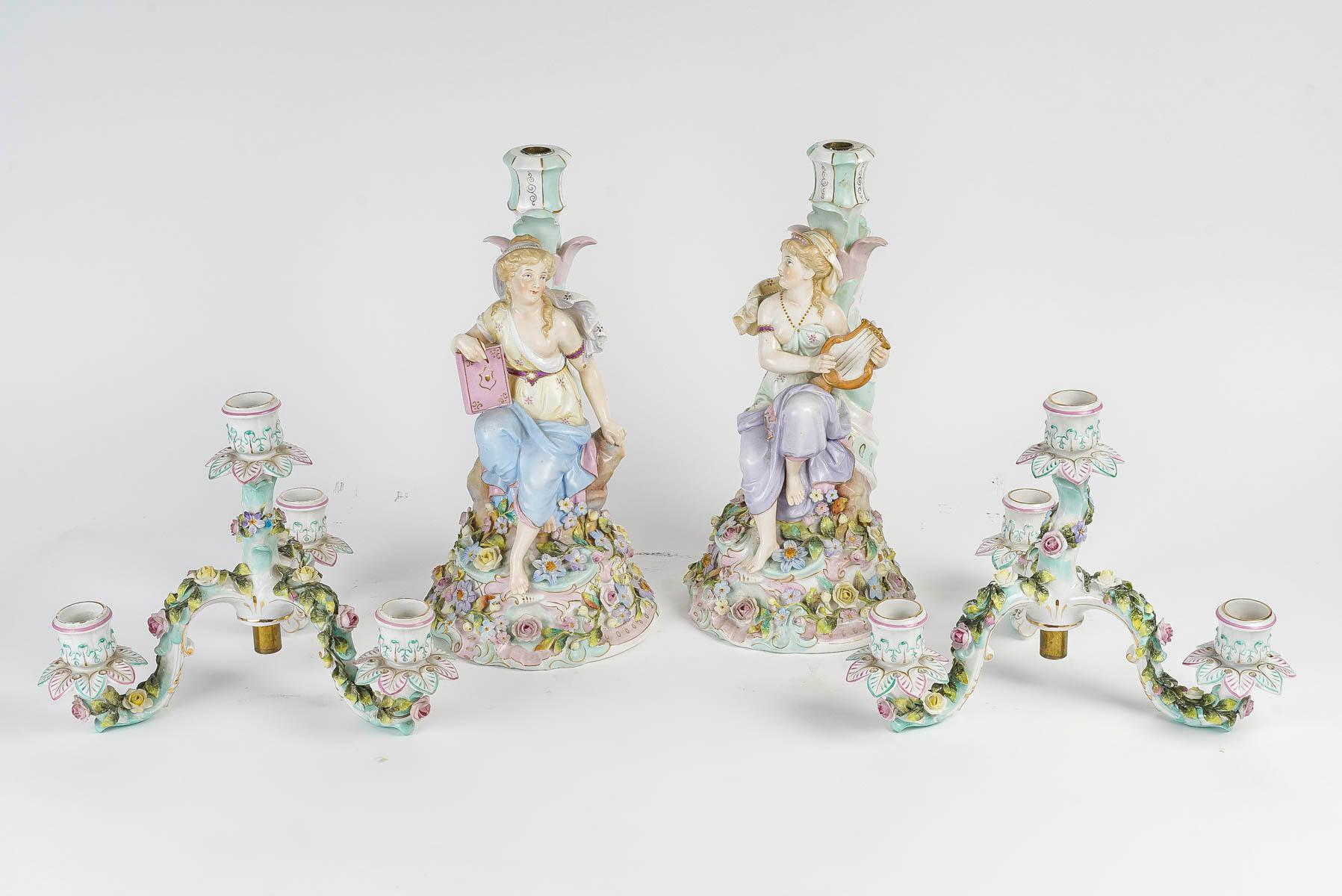 Pair of Porcelain Candelabra in the Taste of Meissen, 19th Century. For Sale 5