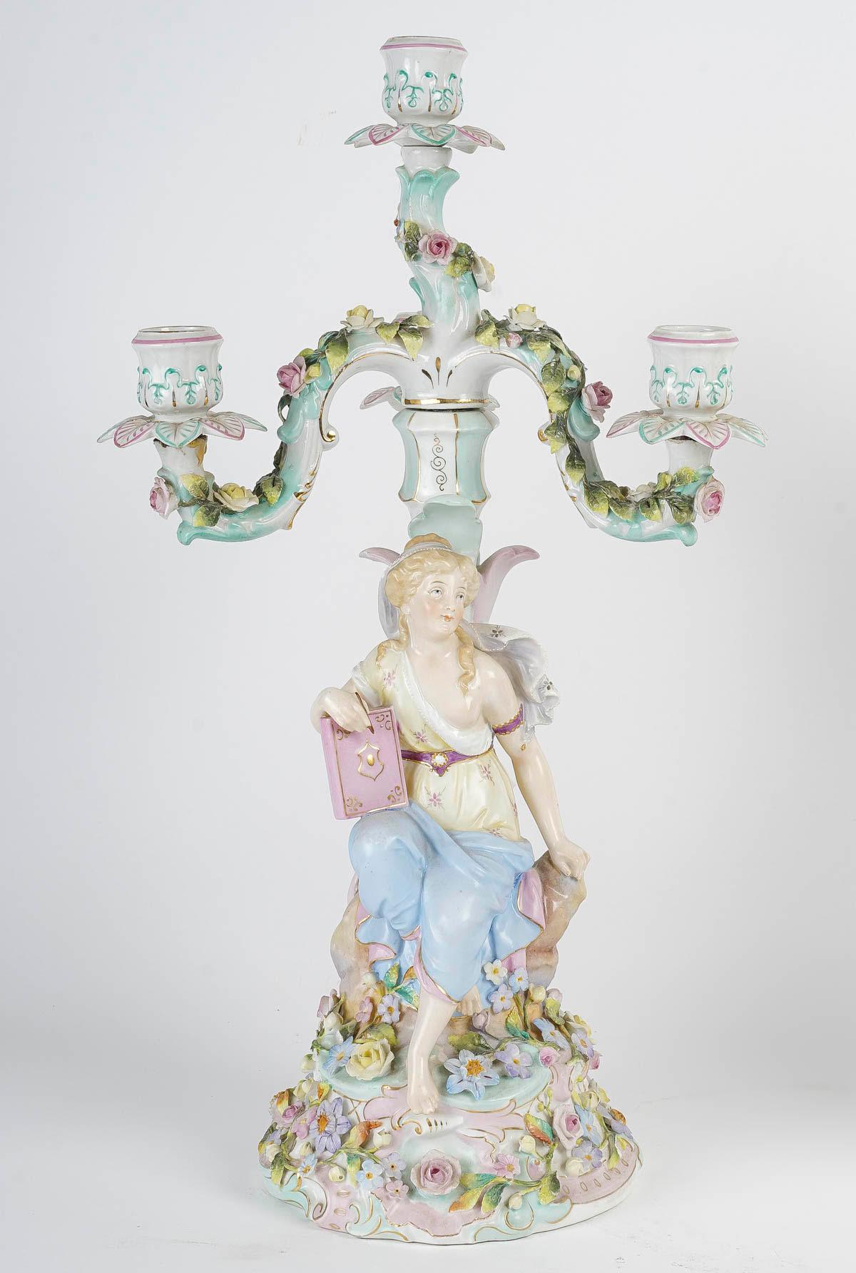 Pair of Porcelain Candelabra in the taste of Meissen, 19th Century.

Pair of porcelain candelabras, 19th century, Napoleon III period, very fine quality.
h:48cm, d: 29cm