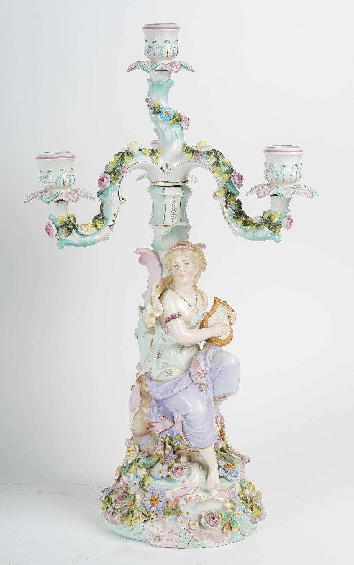 Napoleon III Pair of Porcelain Candelabra in the Taste of Meissen, 19th Century. For Sale