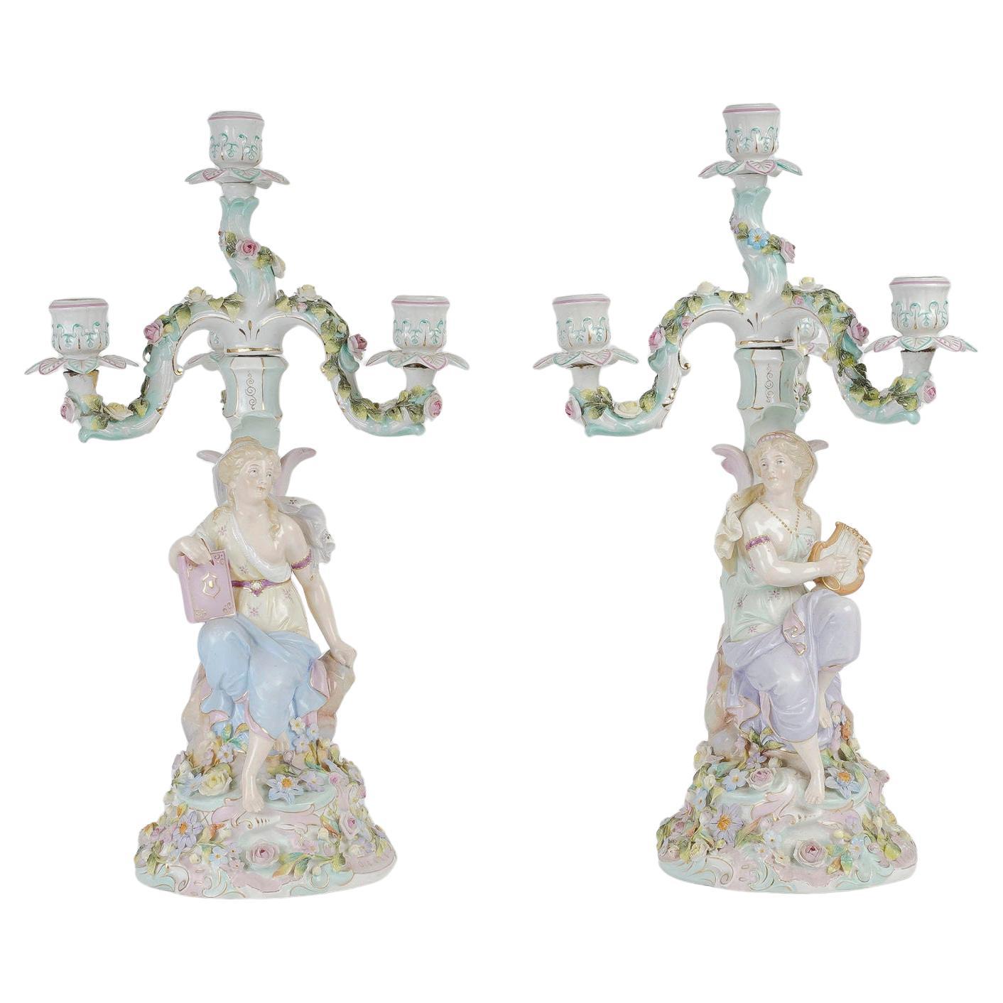 Pair of Porcelain Candelabra in the Taste of Meissen, 19th Century. For Sale