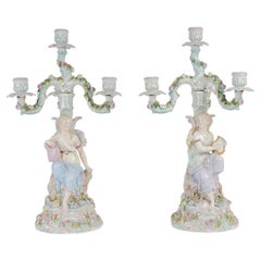 Pair of Porcelain Candelabra in the Taste of Meissen, 19th Century.