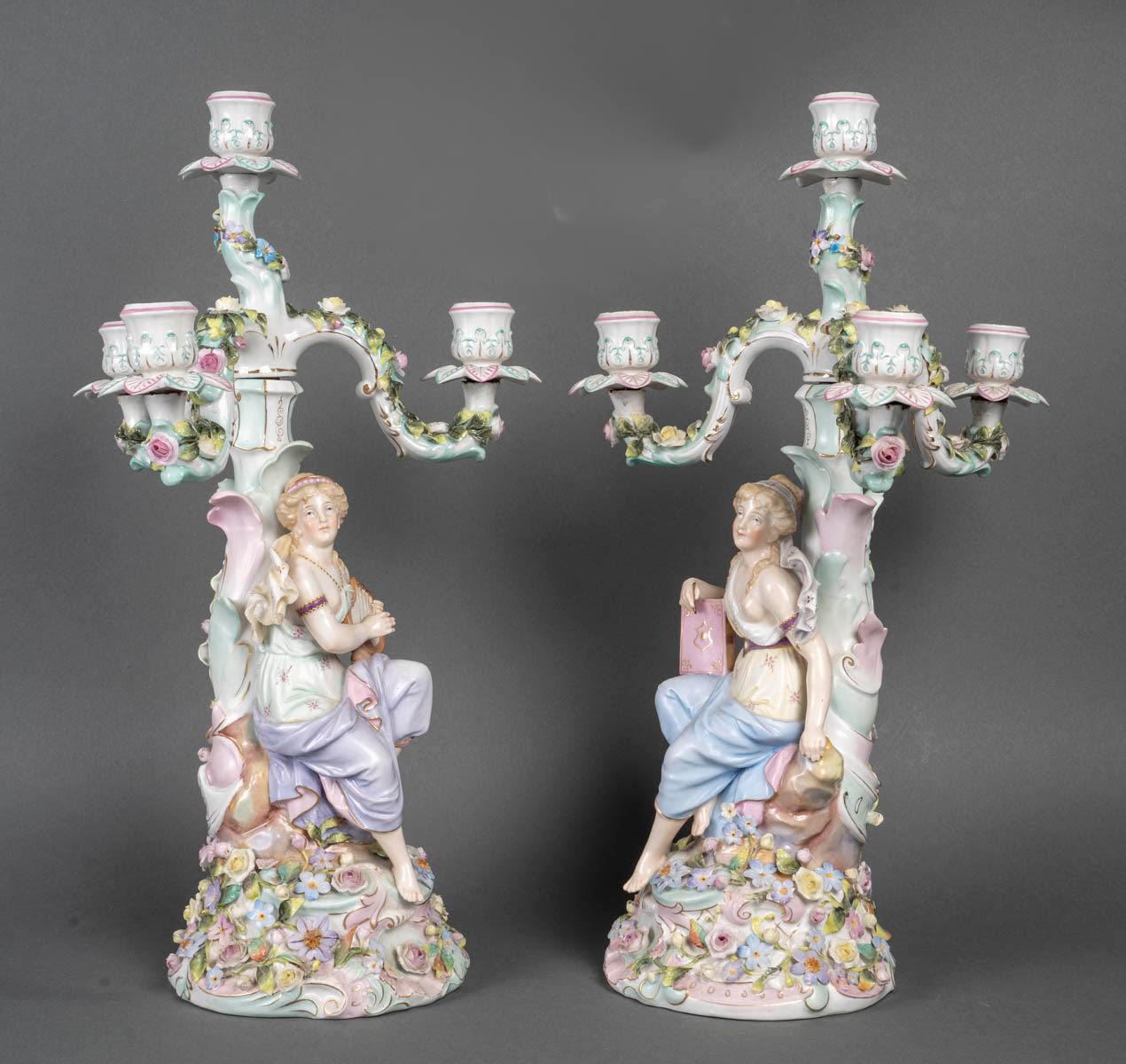 Pair of Porcelain Candelabra, Late 19th Century, Napoleon III Period. For Sale 2