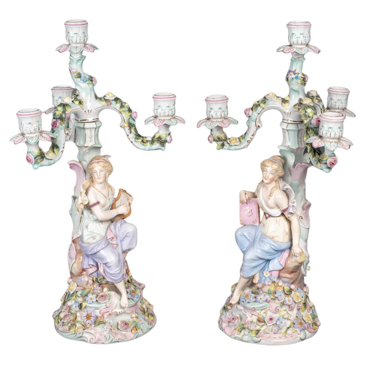 Pair of Porcelain Candelabra, Late 19th Century, Napoleon III Period. For Sale