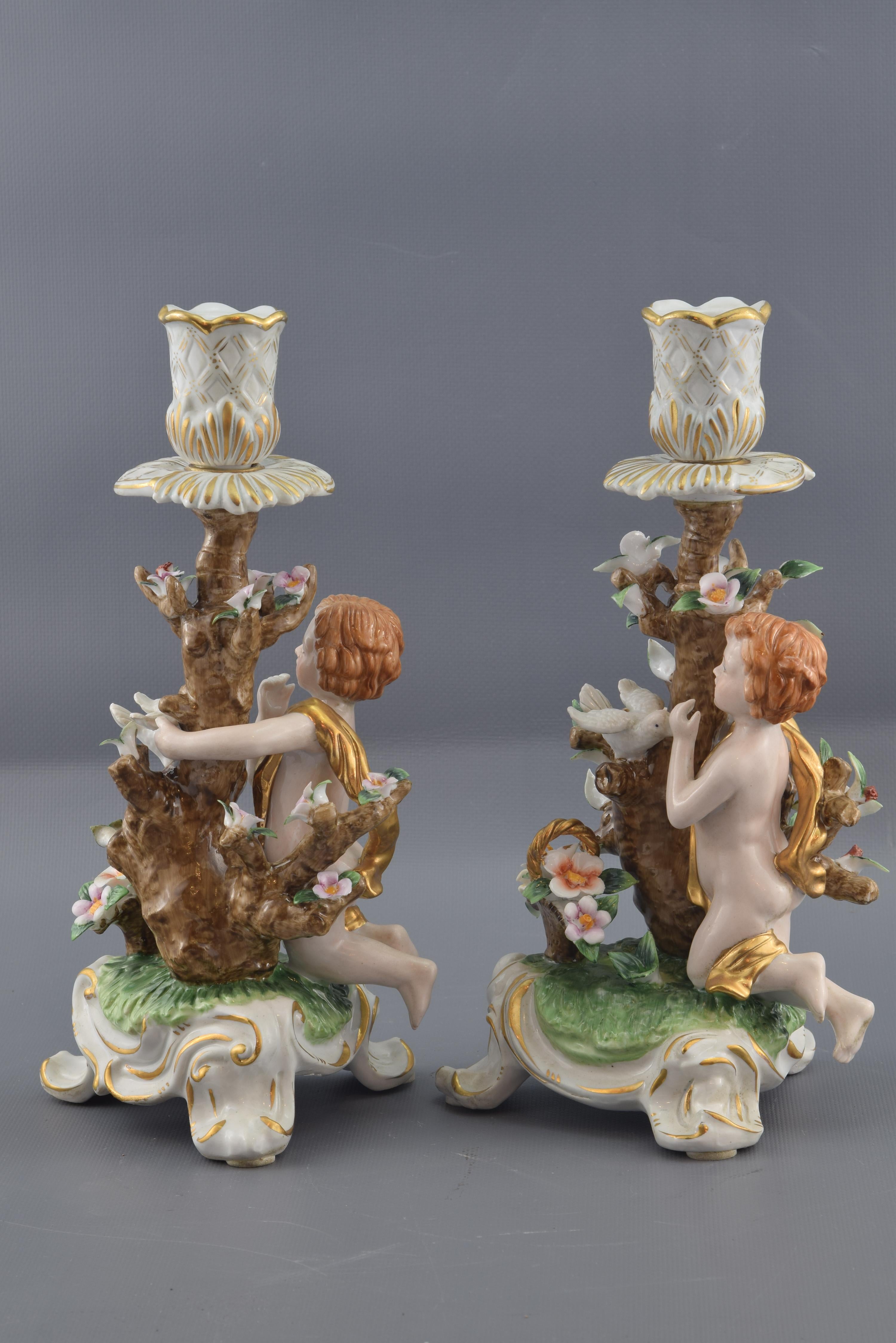 Rococo Pair of Porcelain Candleholders, after Models from Sèvres, France