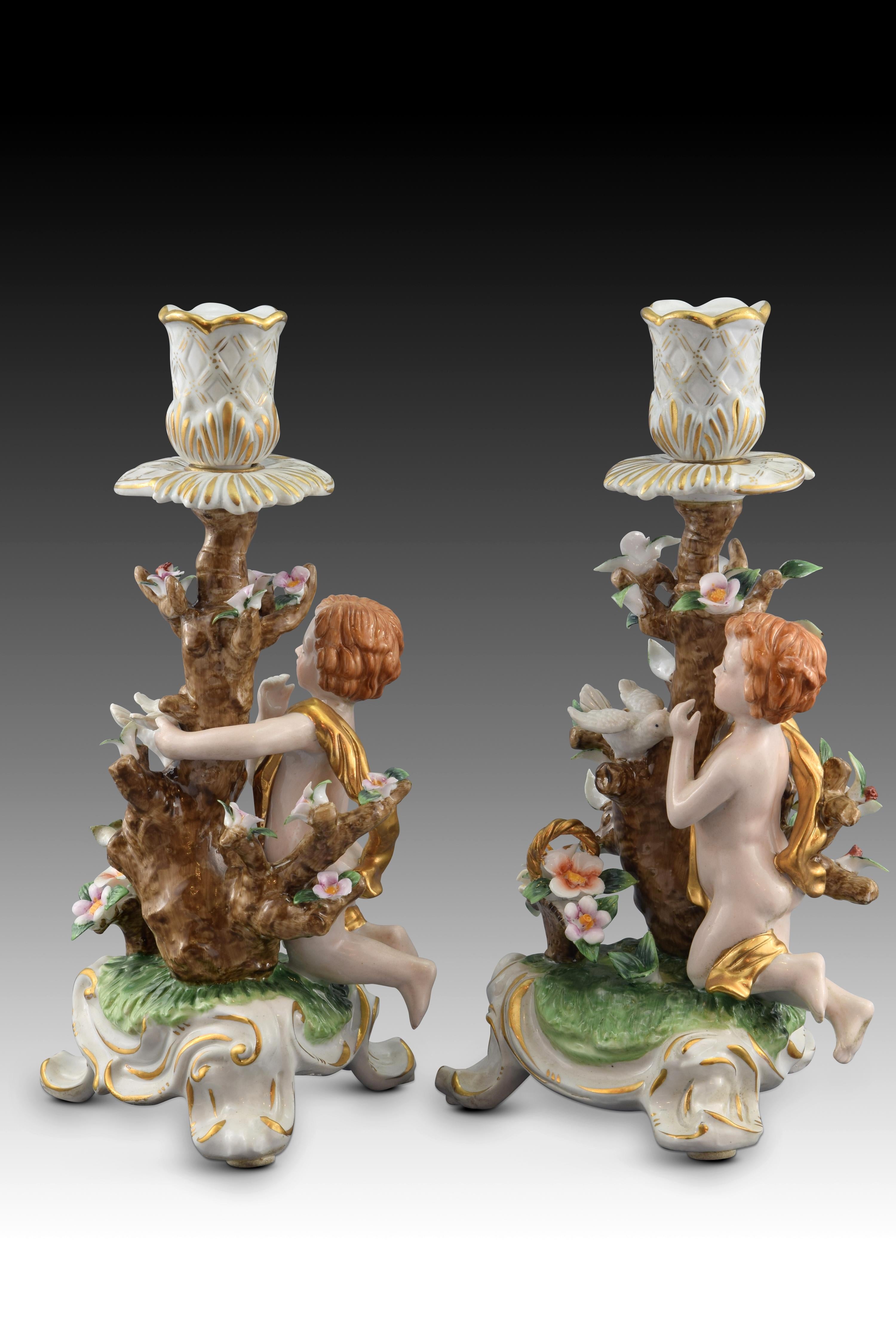 Rococo Pair of Porcelain Candleholders, after Models from Sèvres, France For Sale