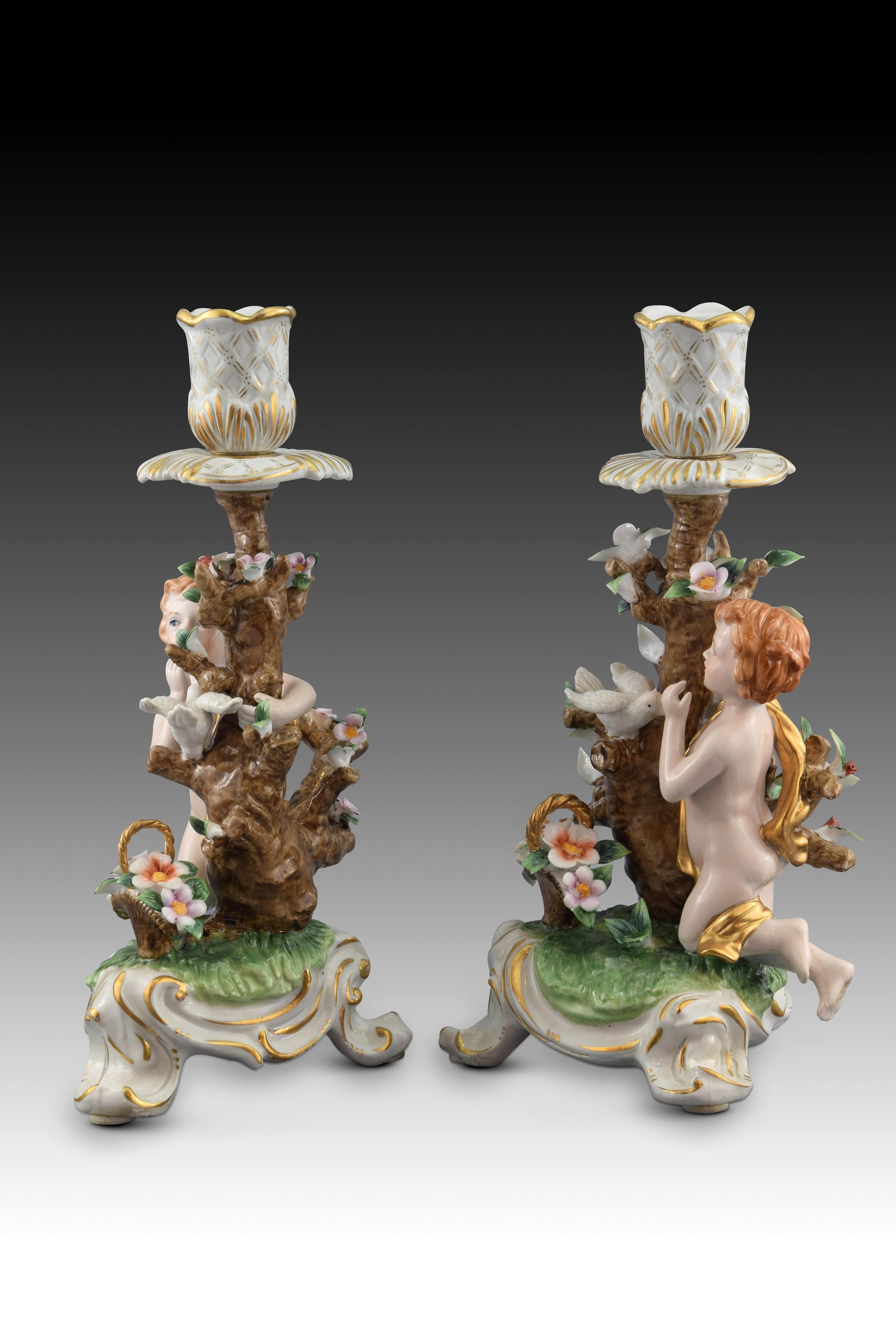 European Pair of Porcelain Candleholders, after Models from Sèvres, France For Sale