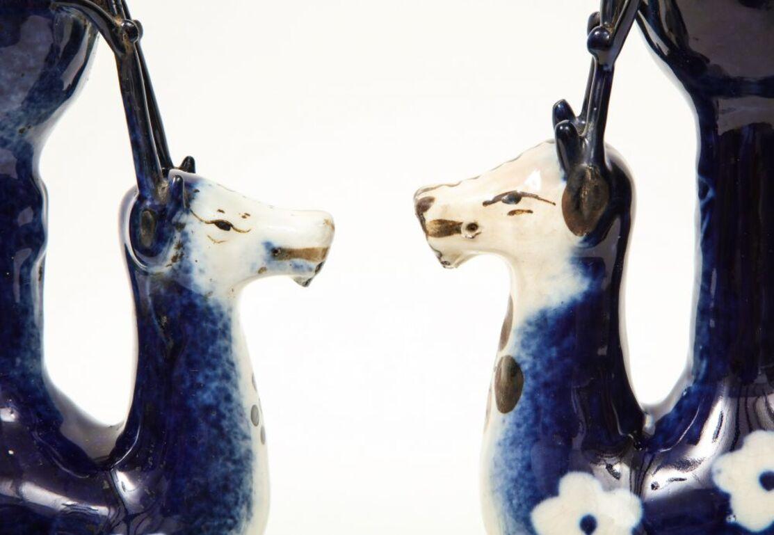 Enamel Pair of Porcelain Candleholders in the form of Deer For Sale
