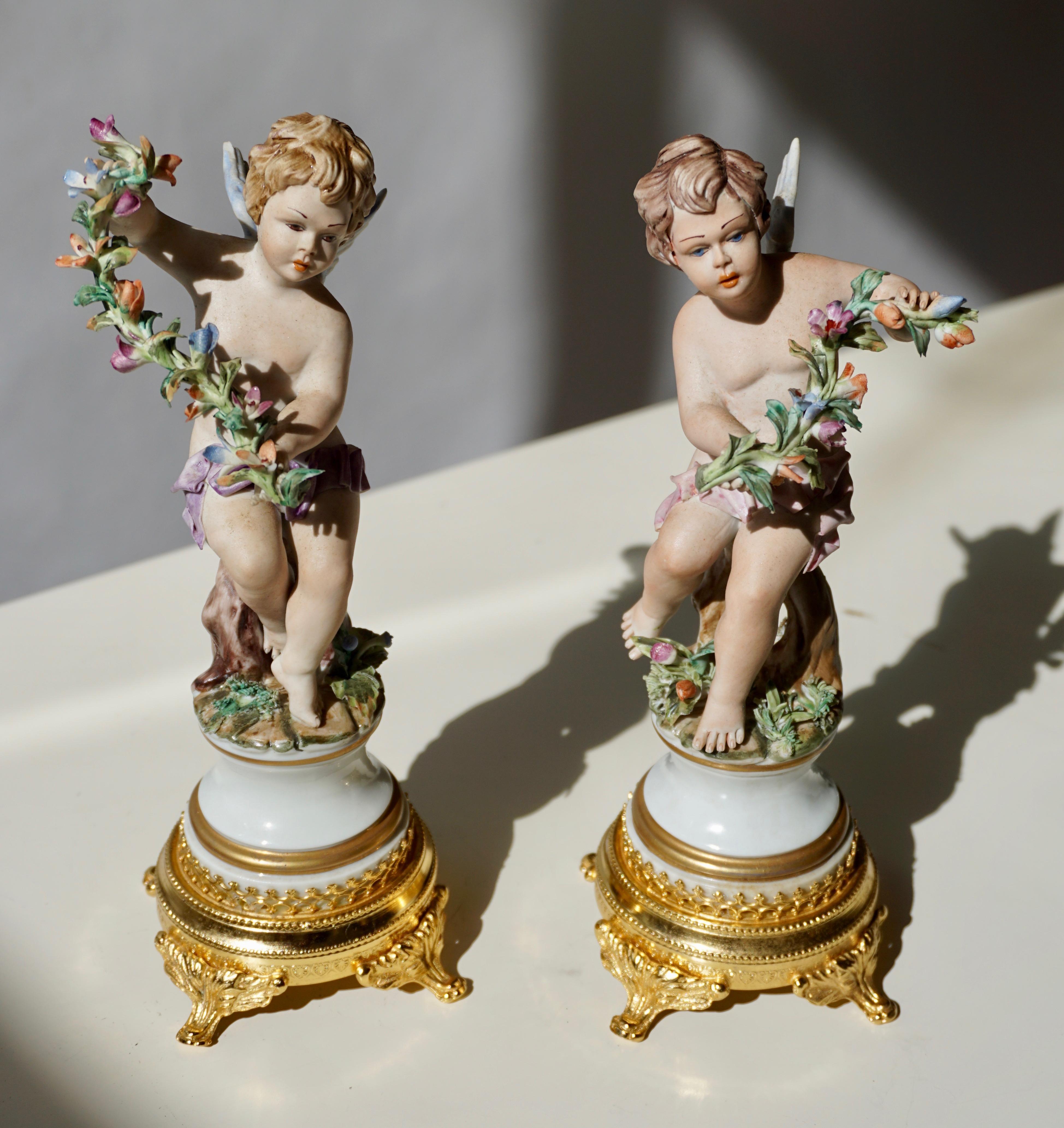 Pair of Porcelain Capodimonte Cherubs 20th Century Polychrome Putti Figures 1