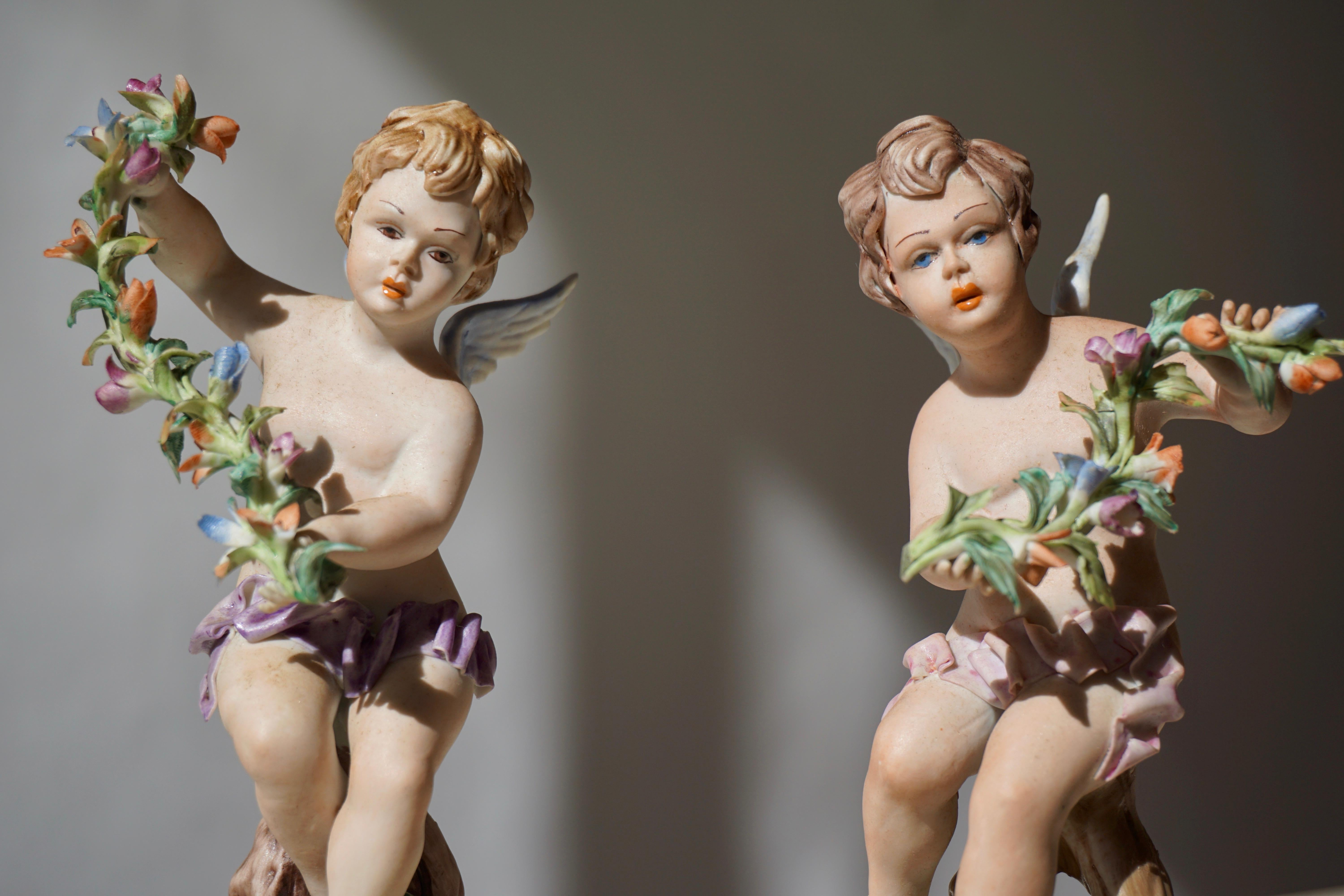 Pair of Porcelain Capodimonte Cherubs 20th Century Polychrome Putti Figures 3