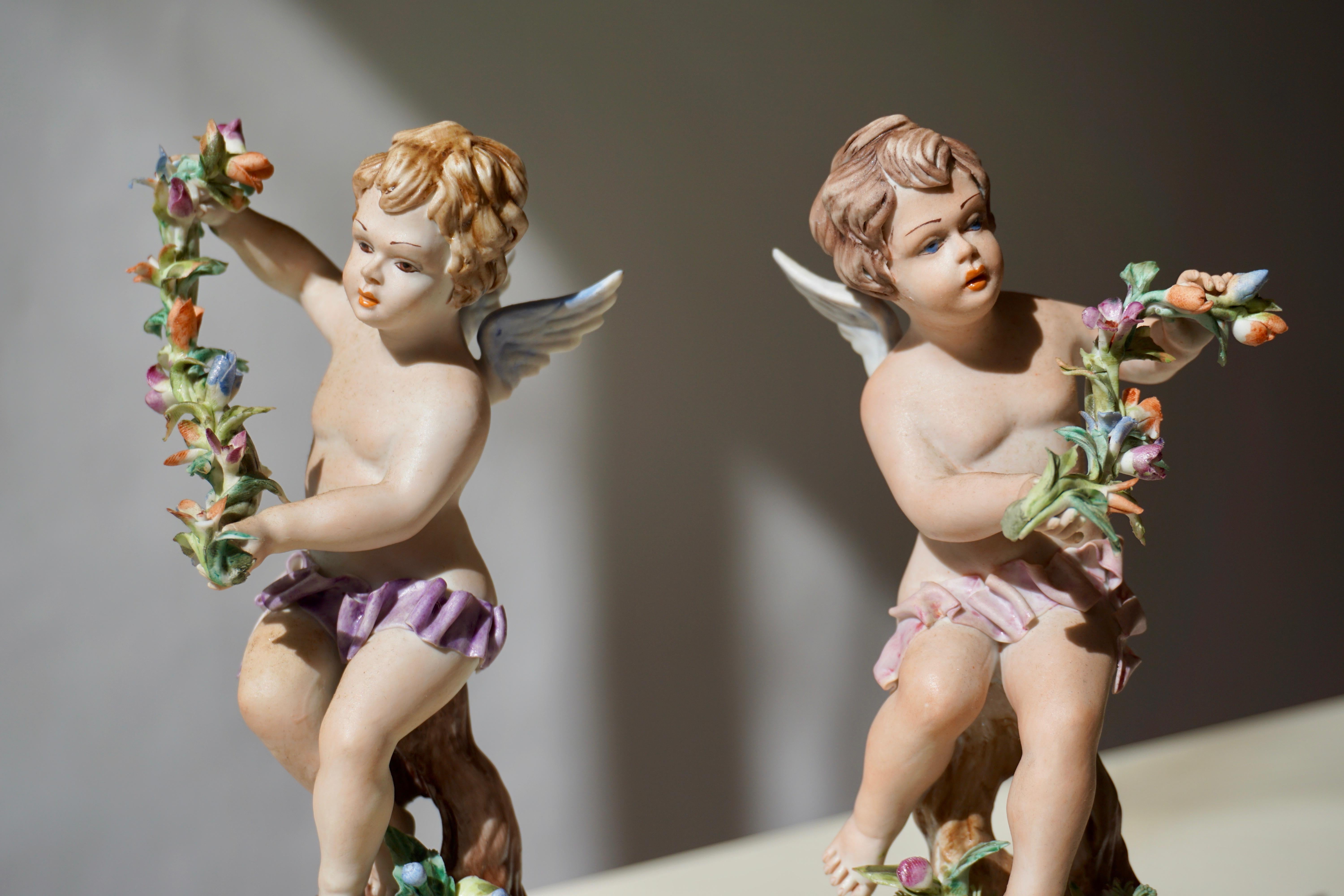 Pair of Porcelain Capodimonte Cherubs 20th Century Polychrome Putti Figures 5