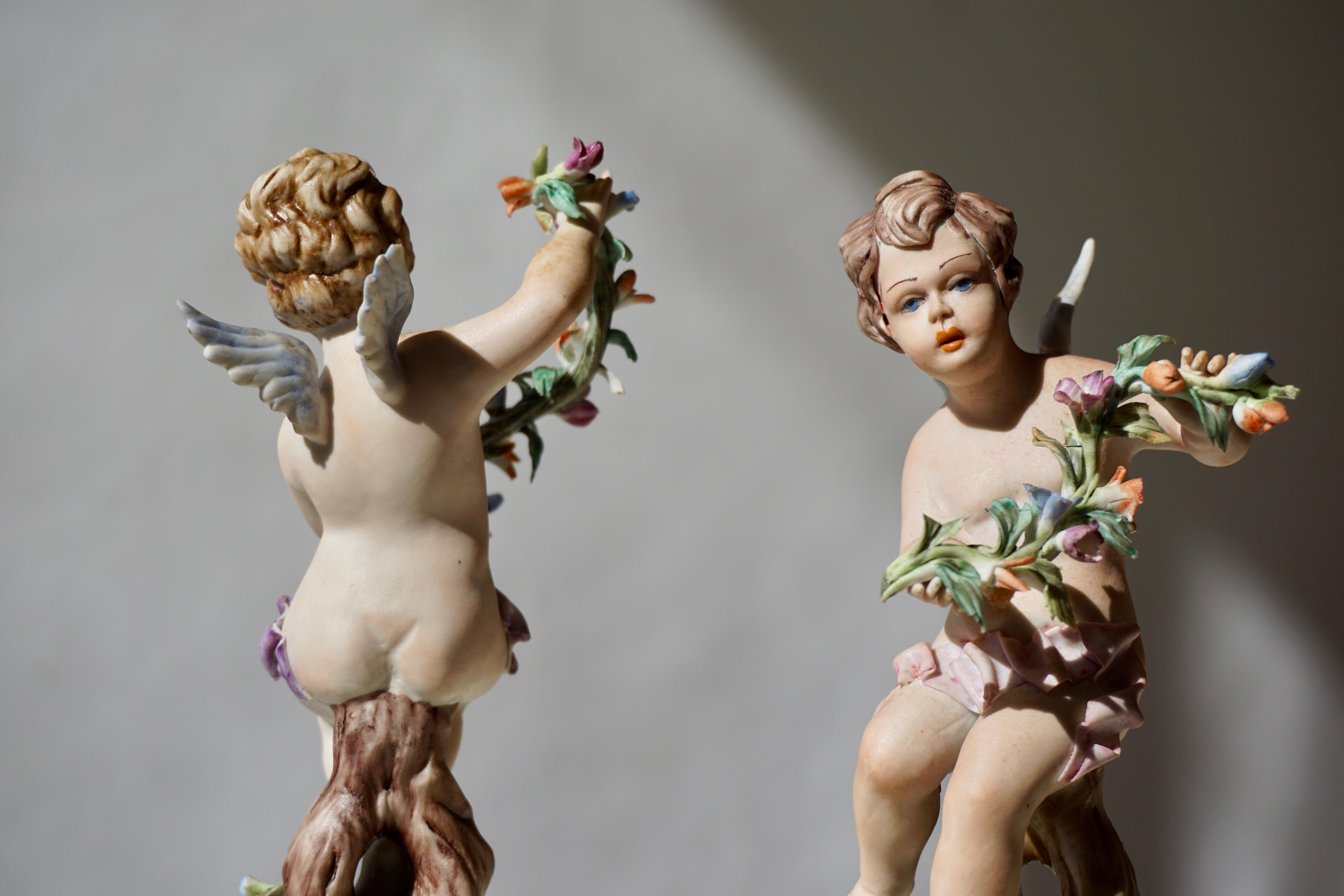 Pair of Porcelain Capodimonte Cherubs 20th Century Polychrome Putti Figures 6