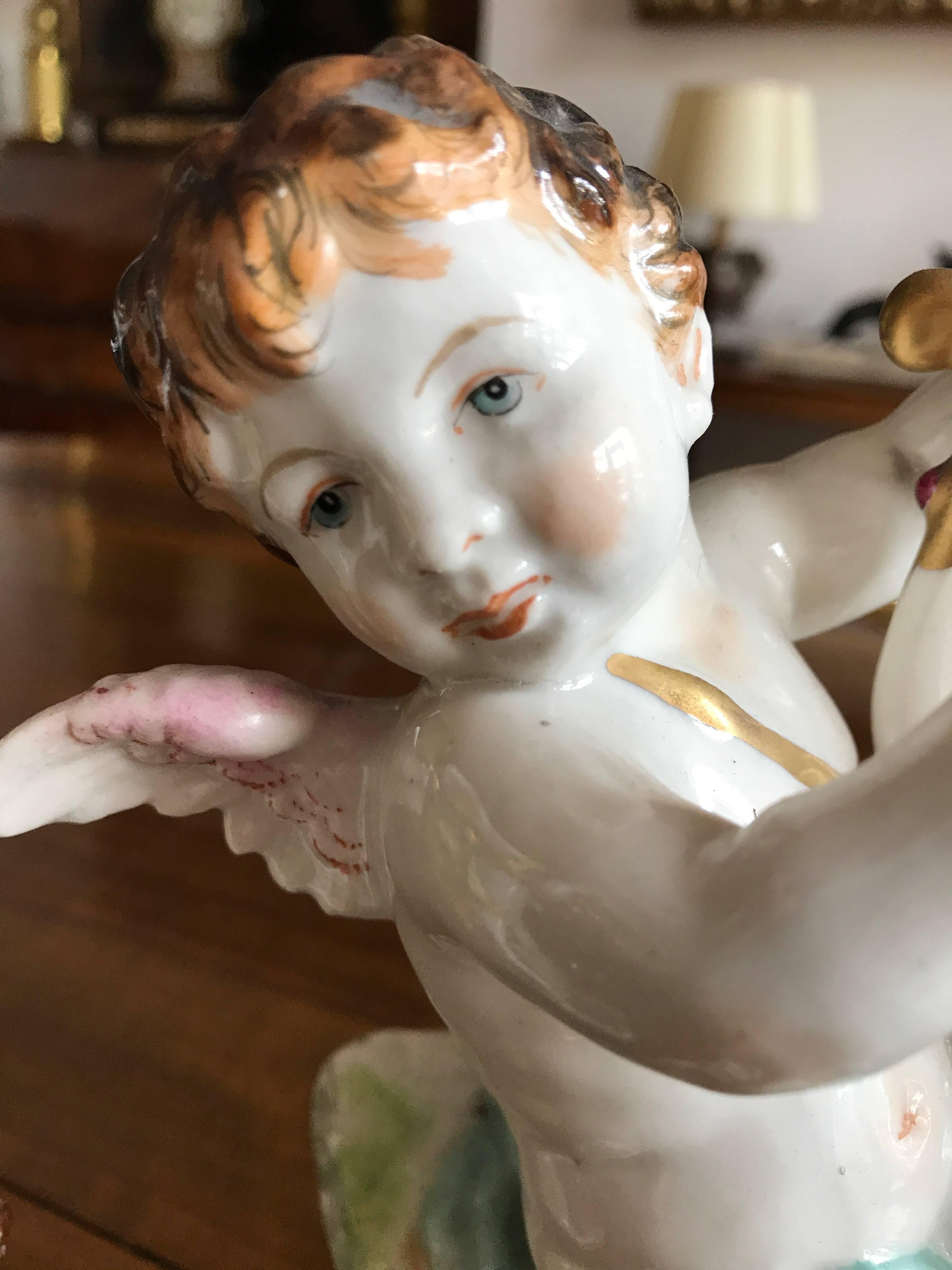 20th Century Polychrome Putti Pair o Figures European Pair of Porcelain Cherubs  15