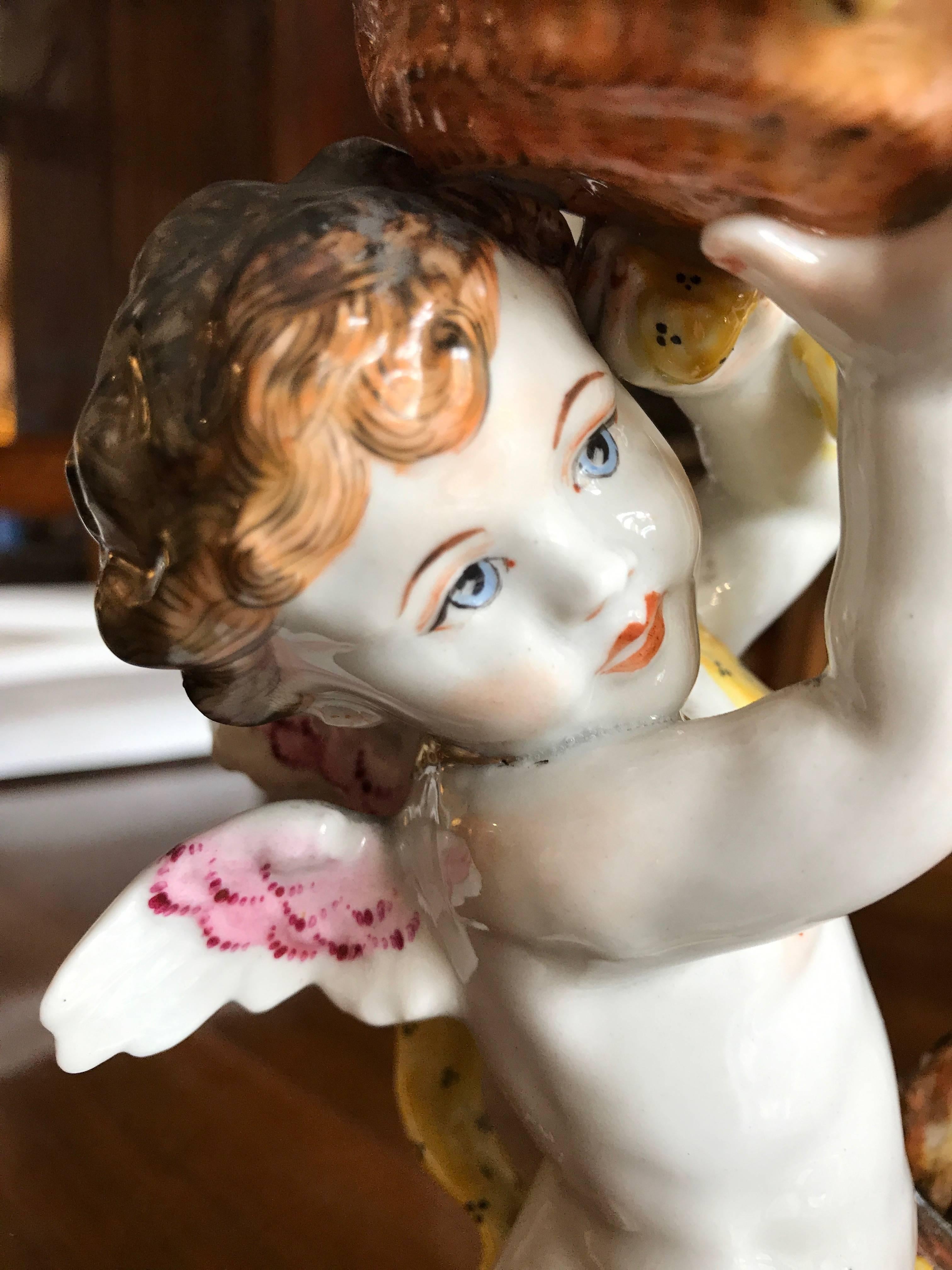 20th Century Polychrome Putti Pair o Figures European Pair of Porcelain Cherubs  1