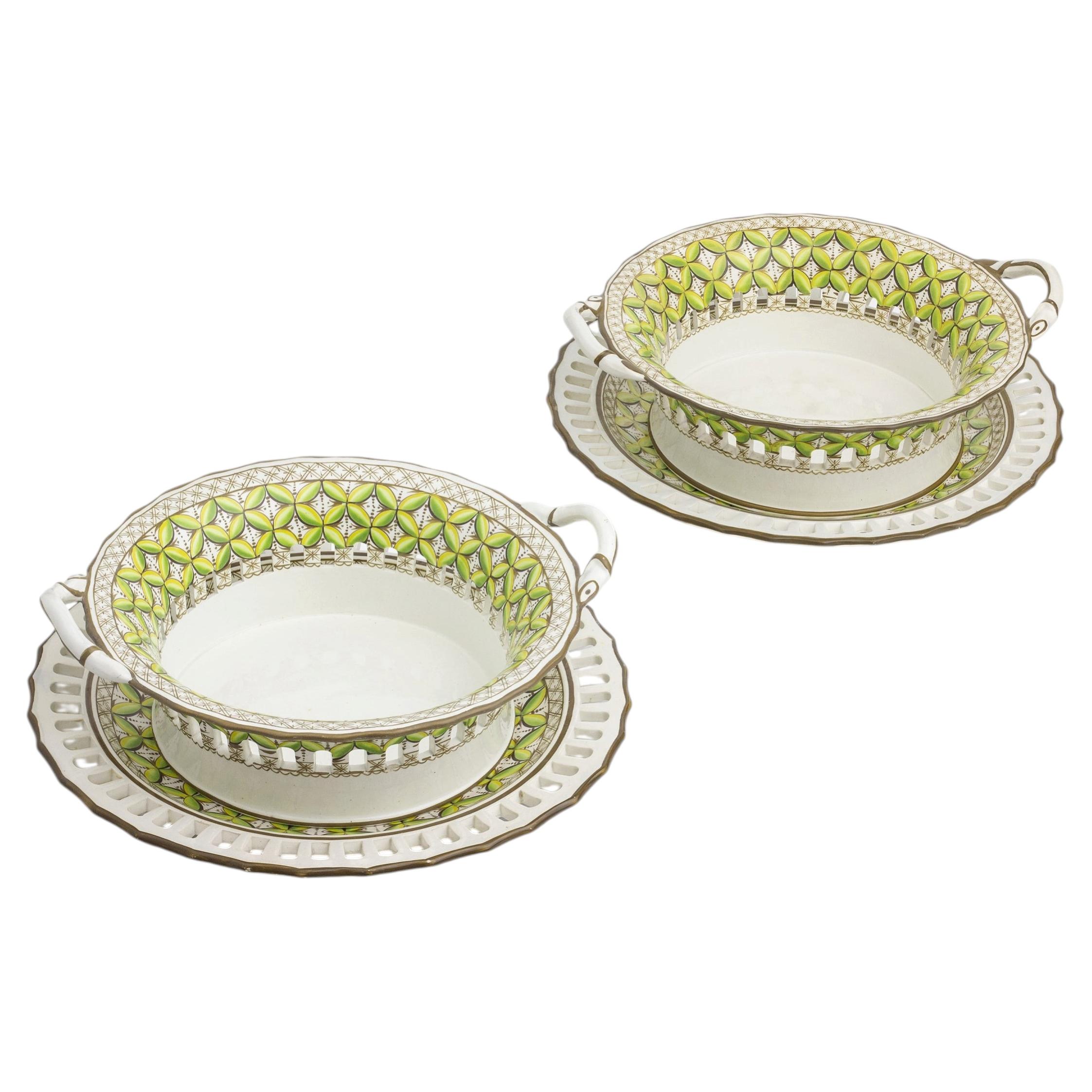 Pair of Porcelain Chestnut Baskets and Under-Plates by Spode in Pattern 3037