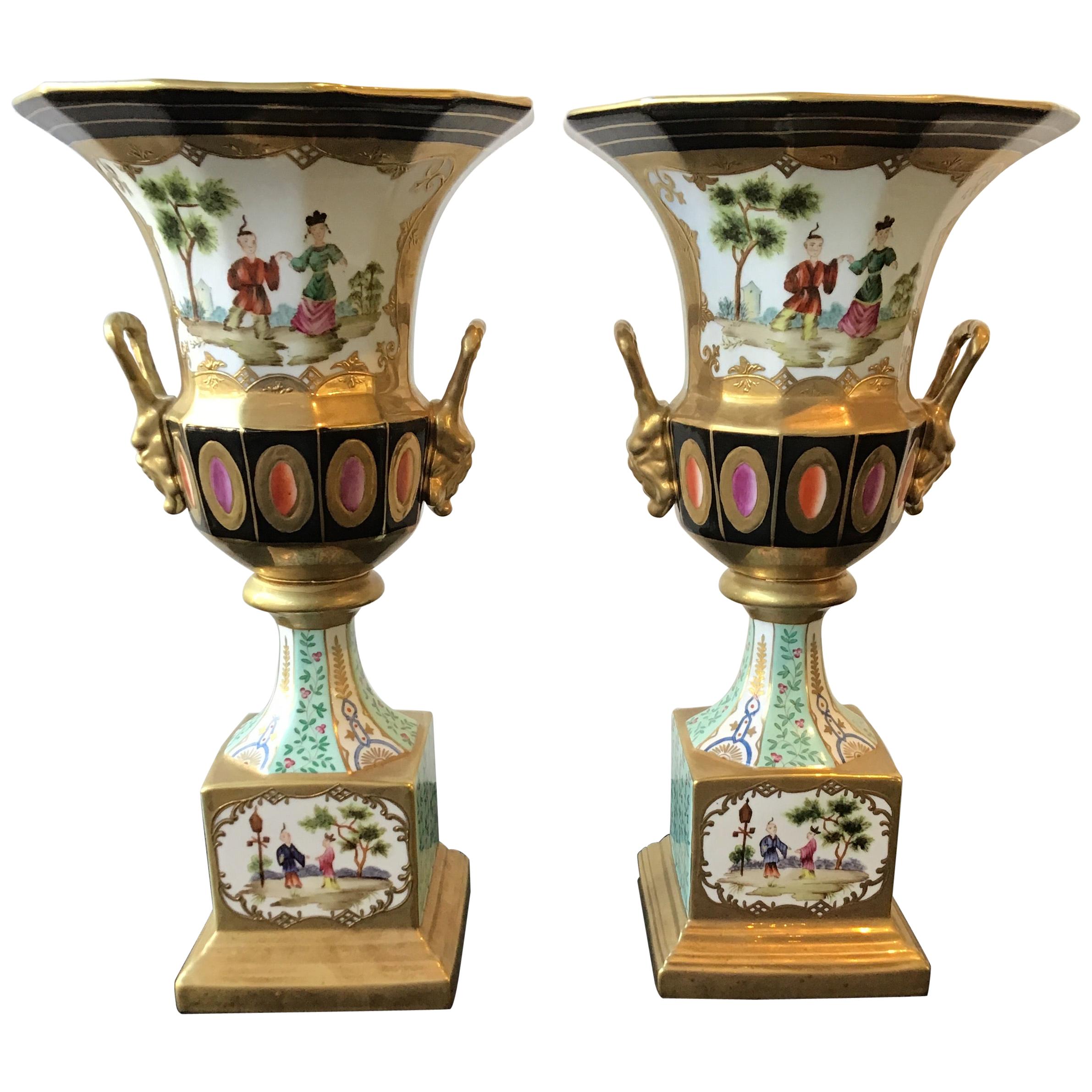 Pair of Porcelain Chinoiserie Urns by Chelsea House